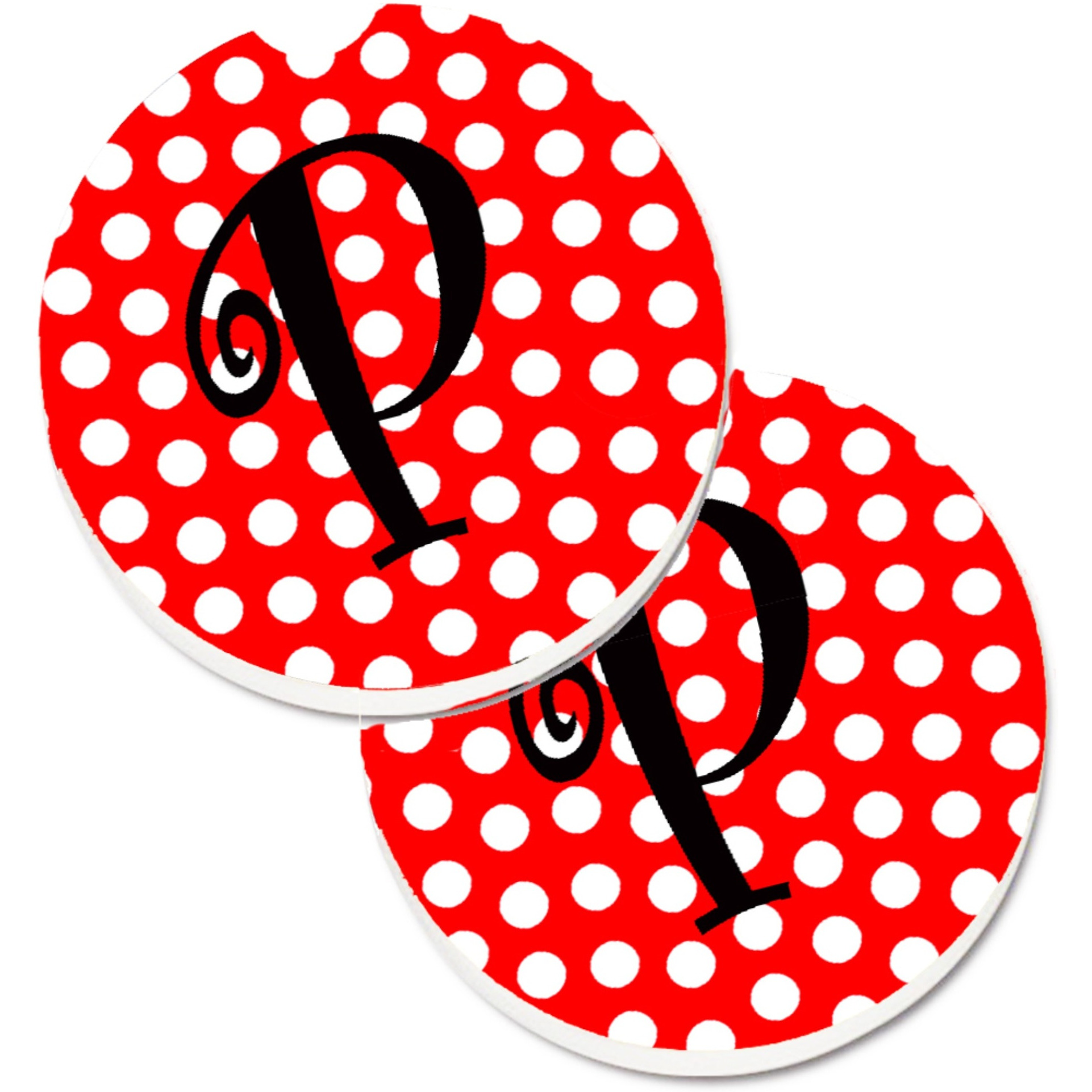 &quotCaroline's Treasures Letter P Initial Monogram Red black Polka Dots Set of 2 Cup Holder Car Coasters CJ1012-PCARC, 2.56, Multicolor"