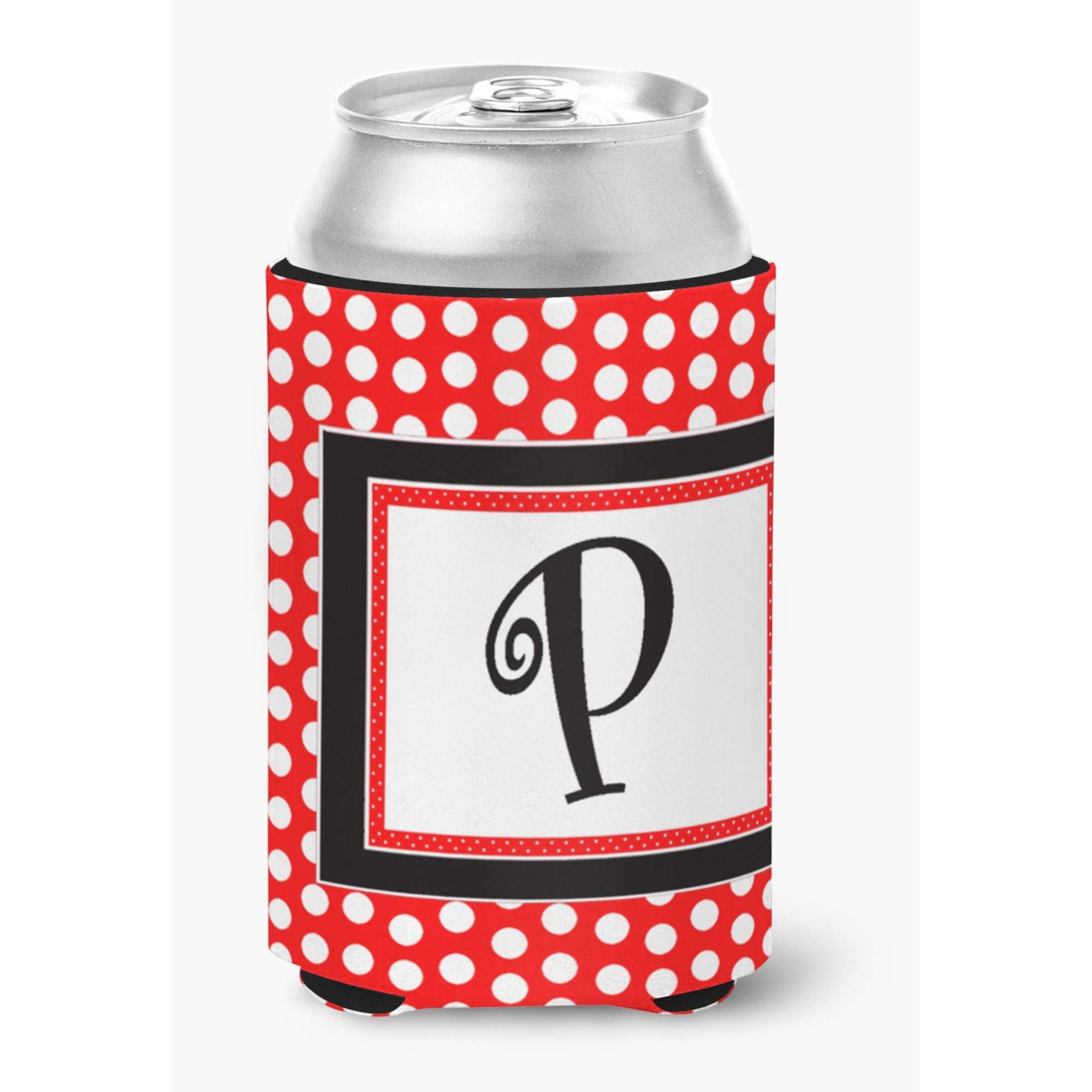 Letter P Initial Monogram - Red Black Polka Dots Can or Bottle Beverage Insulator Hugger
