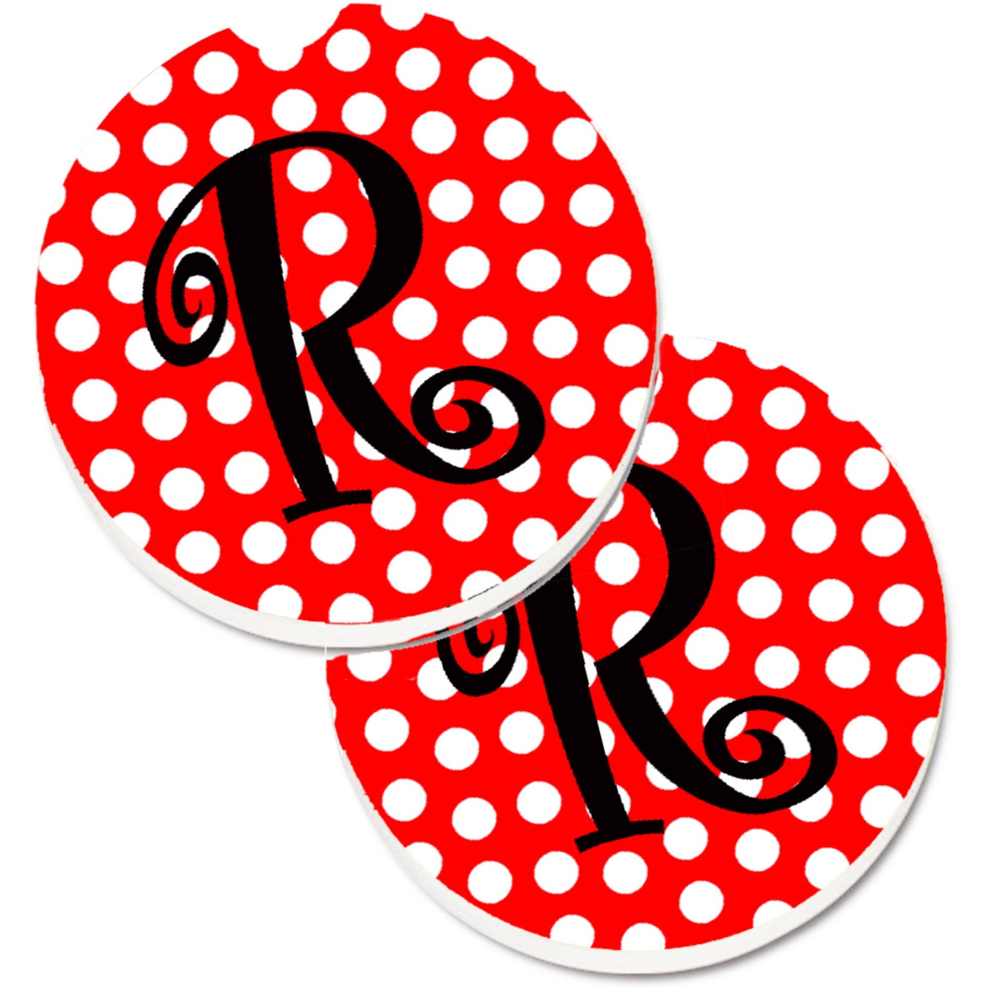 &quotCaroline's Treasures Letter R Initial Monogram Red black Polka Dots Set of 2 Cup Holder Car Coasters CJ1012-RCARC, 2.56, Multicolor"