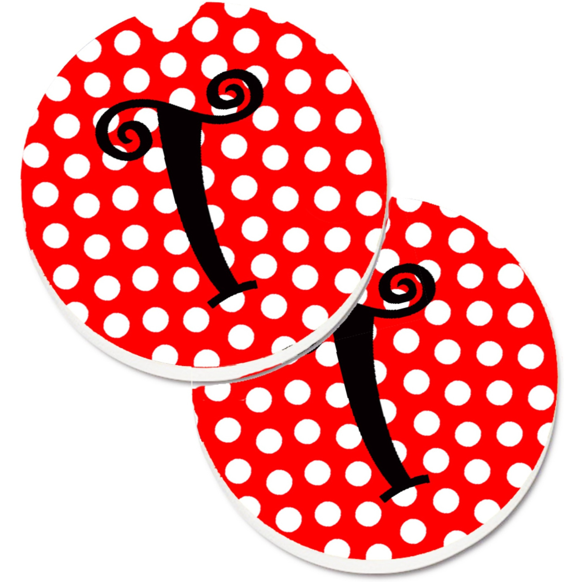 &quotCaroline's Treasures Monogram - Initial T Red black Polka Dots Set of 2 Cup Holder Car Coasters CJ1012-TCARC, 2.56, Multicolor"