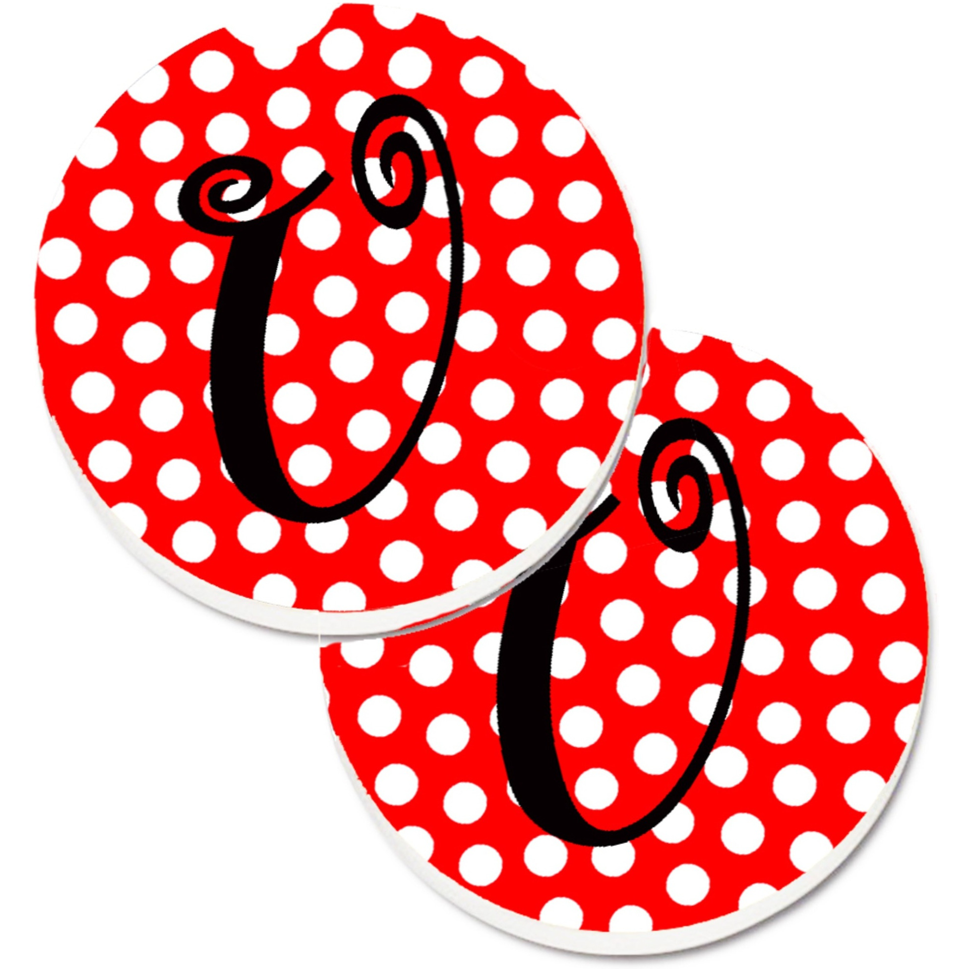&quotCaroline's Treasures Monogram - Initial U Red black Polka Dots Set of 2 Cup Holder Car Coasters CJ1012-UCARC, 2.56, Multicolor"