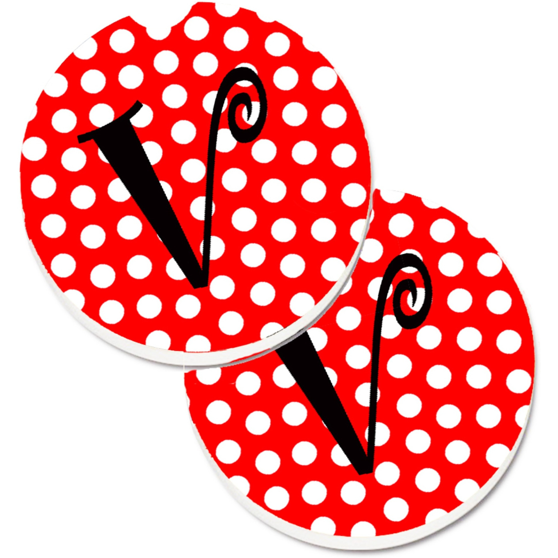 &quotCaroline's Treasures Monogram - Initial V Red black Polka Dots Set of 2 Cup Holder Car Coasters CJ1012-VCARC, 2.56, Multicolor"