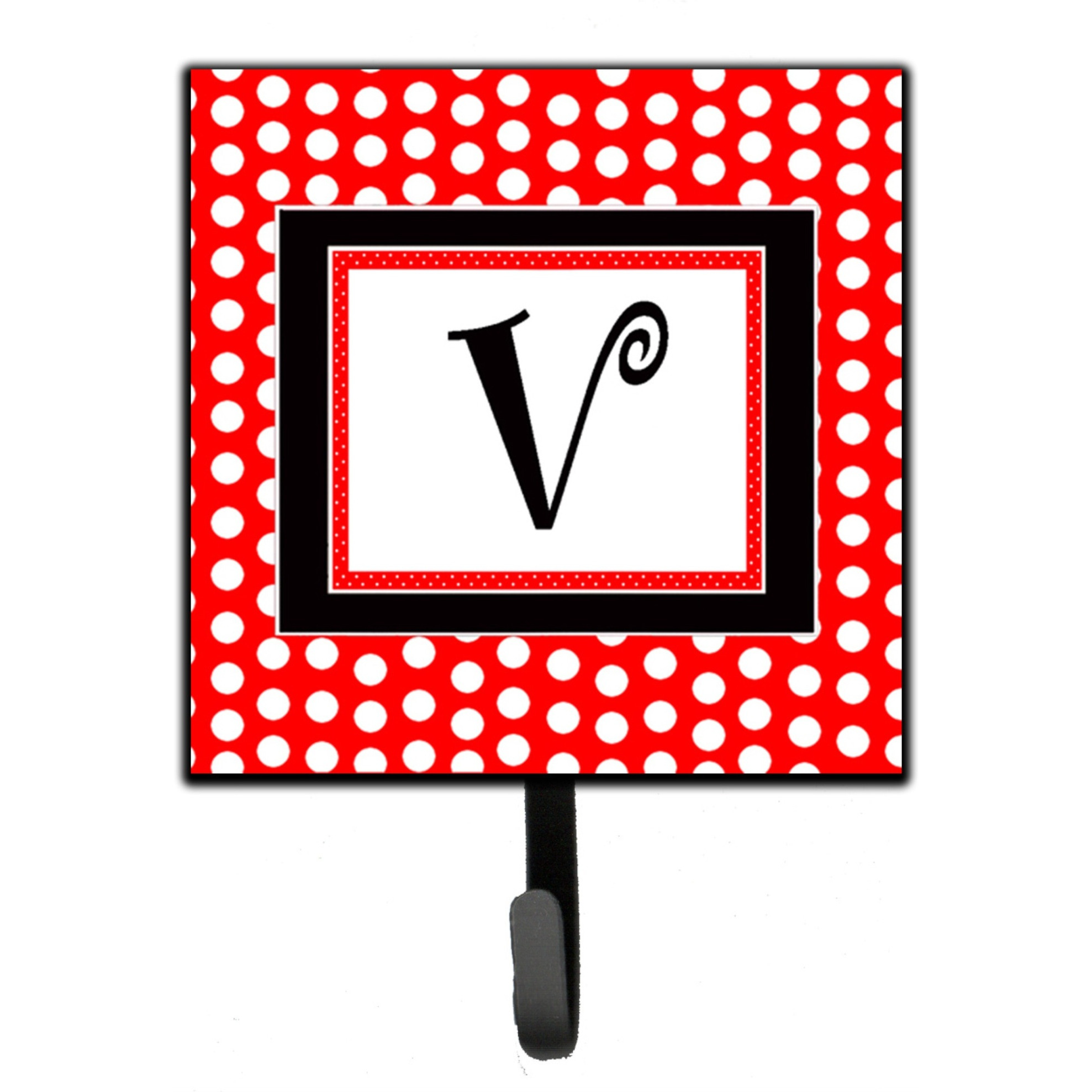 &quotCaroline's Treasures CJ1012-VSH4 Letter V Initial Monogram-Red Black Polka Dots Leash Holder or Key Hook, Small, Multicolor"