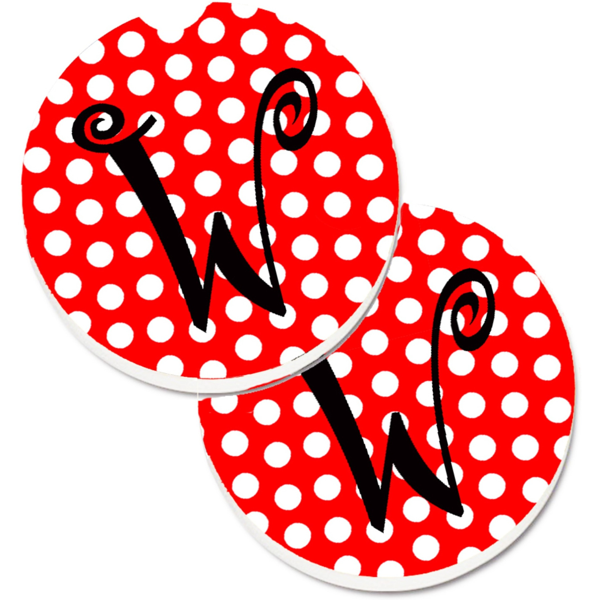 &quotCaroline's Treasures Monogram - Initial W Red black Polka Dots Set of 2 Cup Holder Car Coasters CJ1012-WCARC, 2.56, Multicolor"