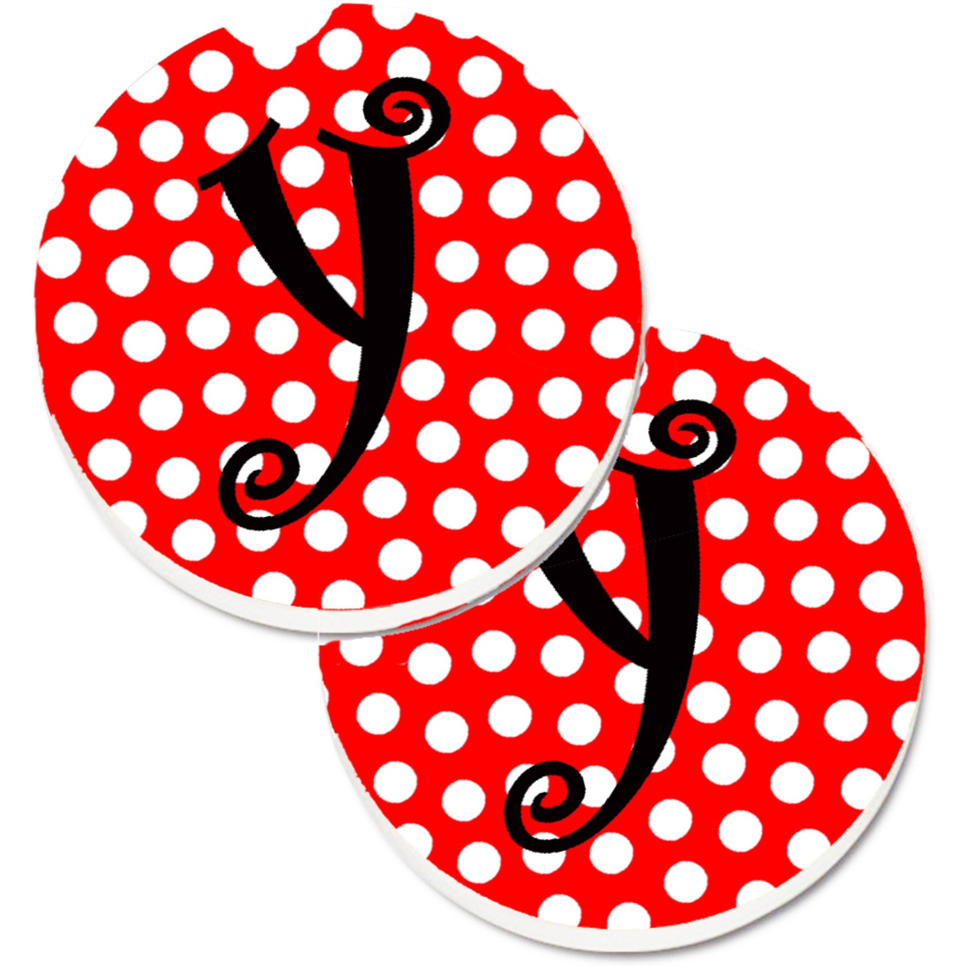 &quotCaroline's Treasures Monogram - Initial Y Red black Polka Dots Set of 2 Cup Holder Car Coasters CJ1012-YCARC, 2.56, Multicolor"