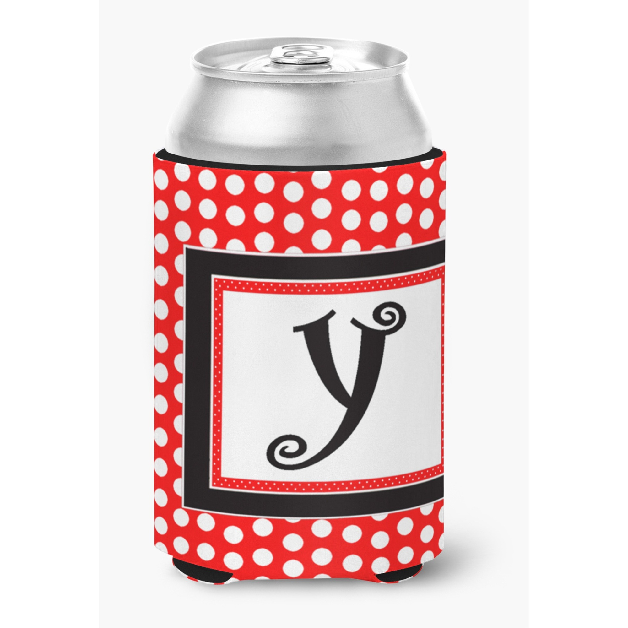 Letter Y Initial Monogram - Red Black Polka Dots Can or Bottle Beverage Insulator Hugger