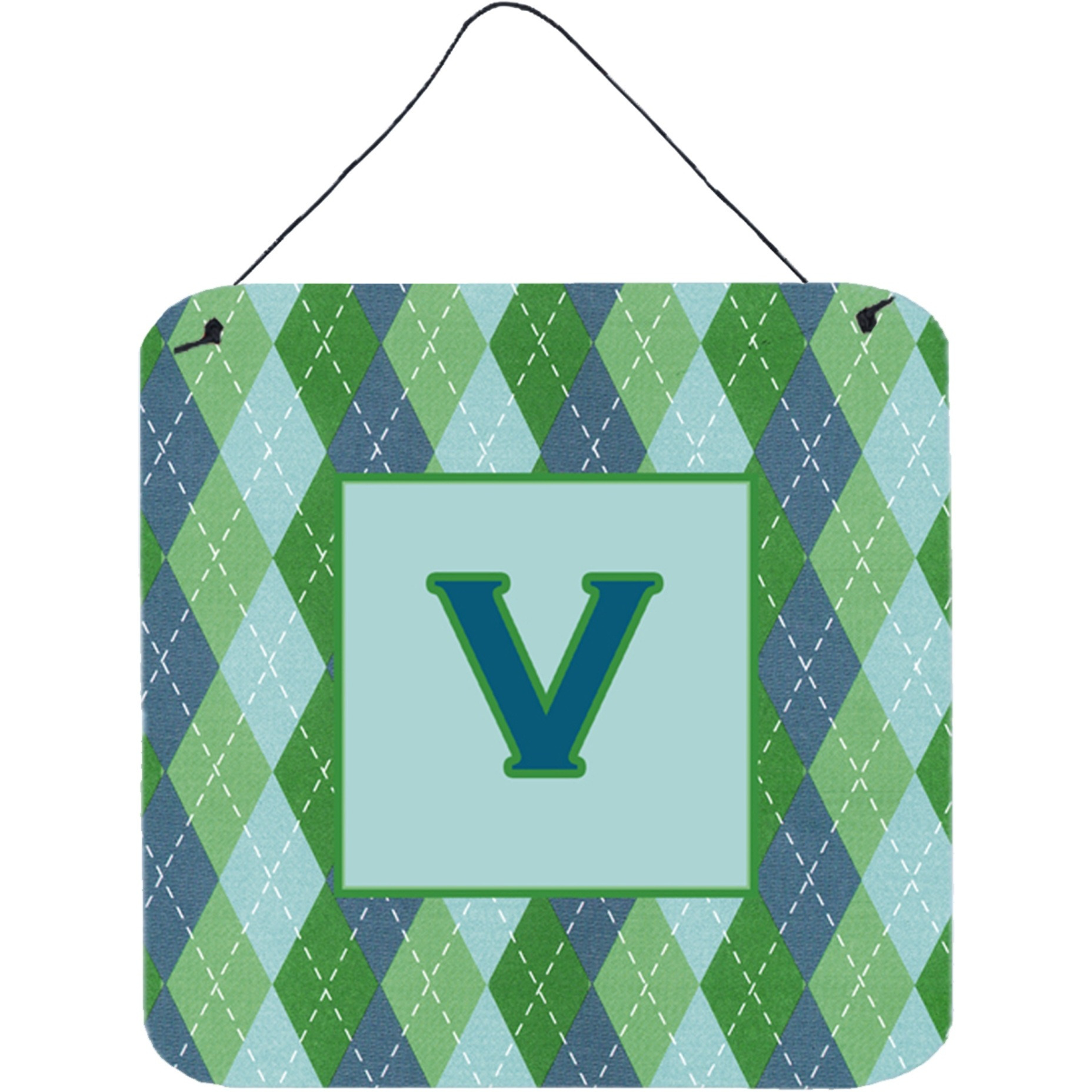 &quotCaroline's Treasures Letter V Initial with Monogram-Blue Argyle Wall or Door Hanging Prints, 6 x 6"", Multicolor"