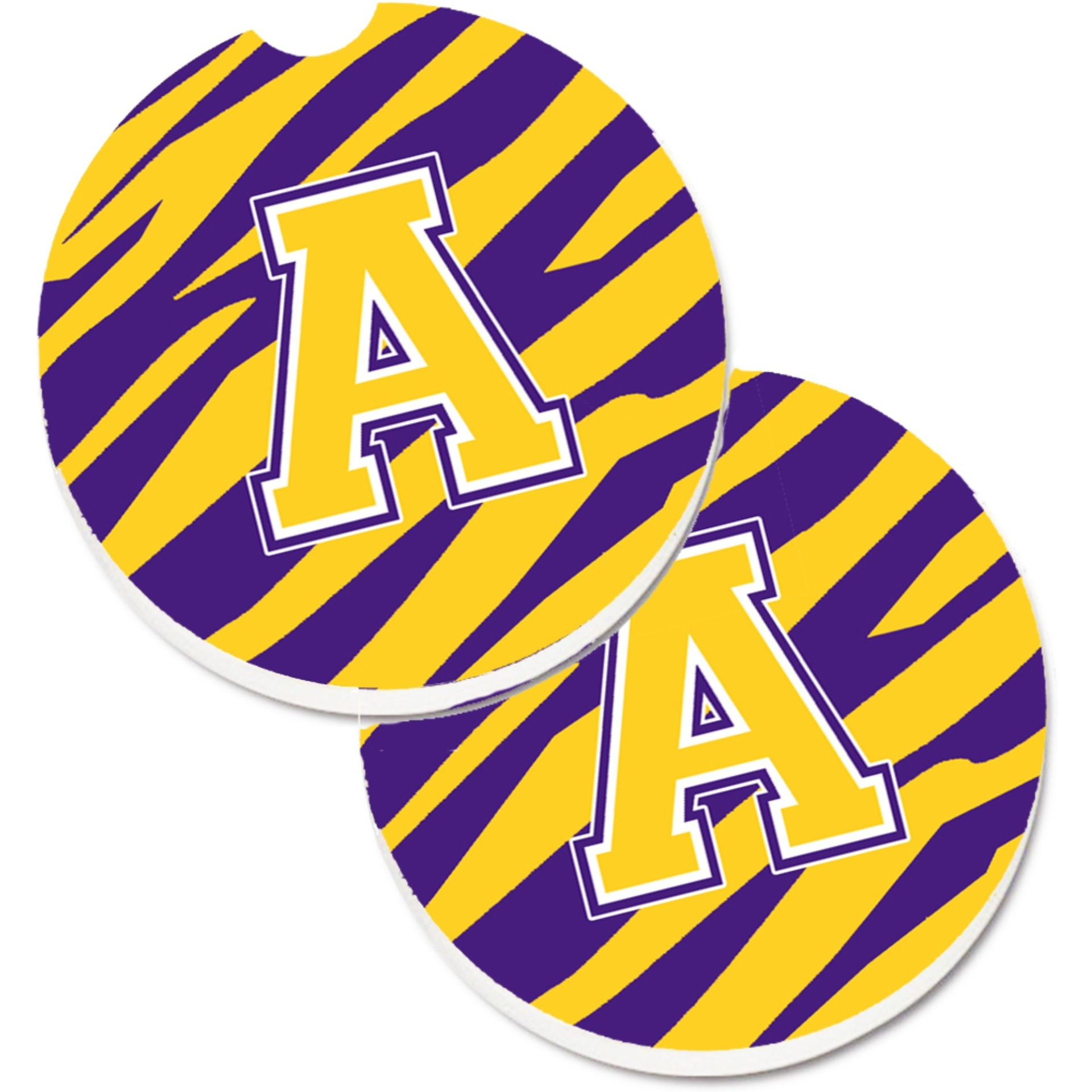 &quotCaroline's Treasures Letter A Monogram - Tiger Stripe - Purple Gold Set of 2 Cup Holder Car Coasters CJ1022-ACARC, 2.56, Multicolor"