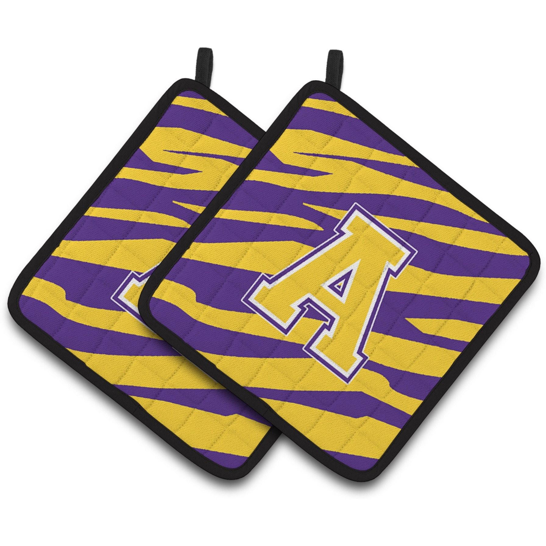 &quotCaroline's Treasures Letter A Monogram - Tiger Stripe - Purple Gold Pair of Pot Holders CJ1022-APTHD, 7.5HX7.5W, Multicolor"