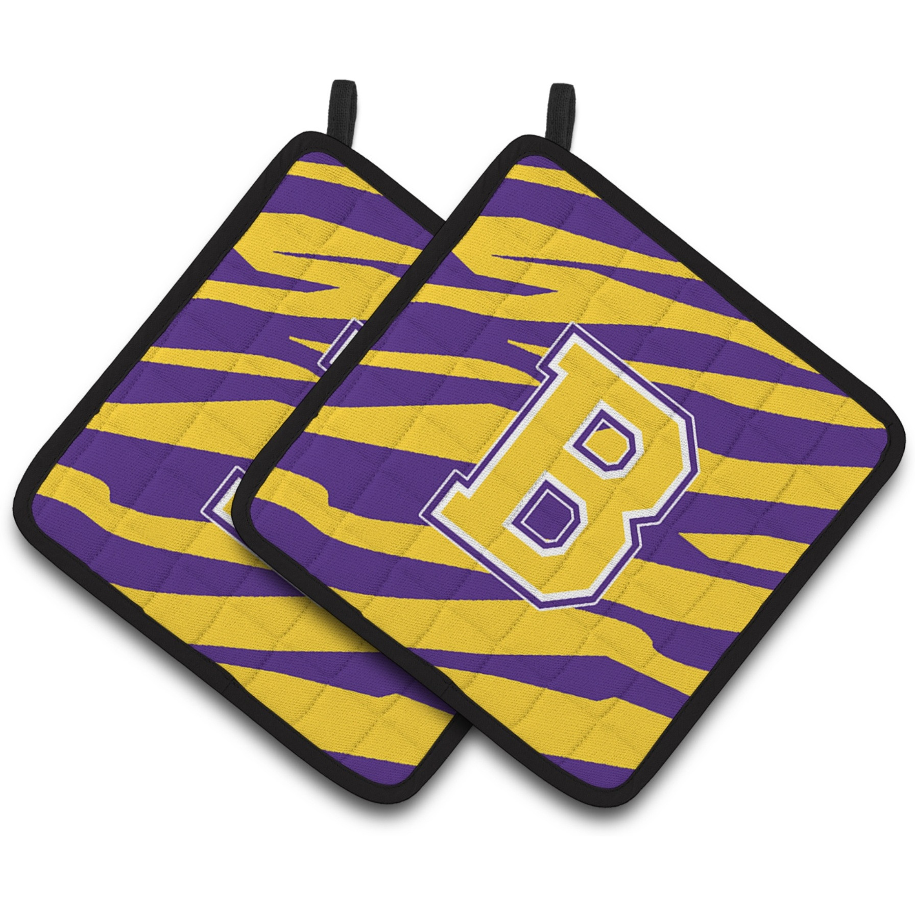 &quotCaroline's Treasures Letter B Monogram - Tiger Stripe - Purple Gold Pair of Pot Holders CJ1022-BPTHD, 7.5HX7.5W, Multicolor"