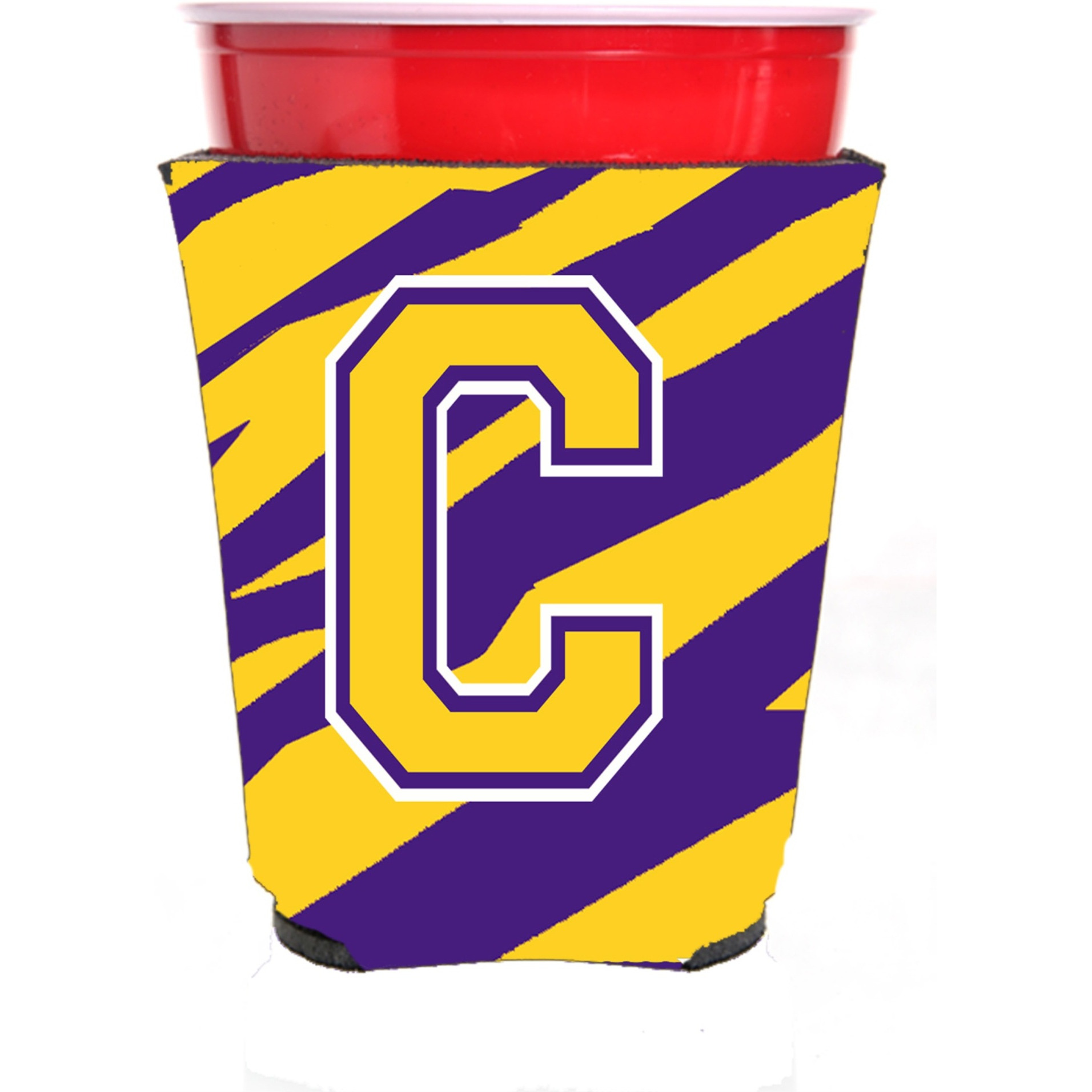 Tiger Stripe - Purple Gold Letter C Monogram Initial Red Solo Cup Beverage Insulator Hugger