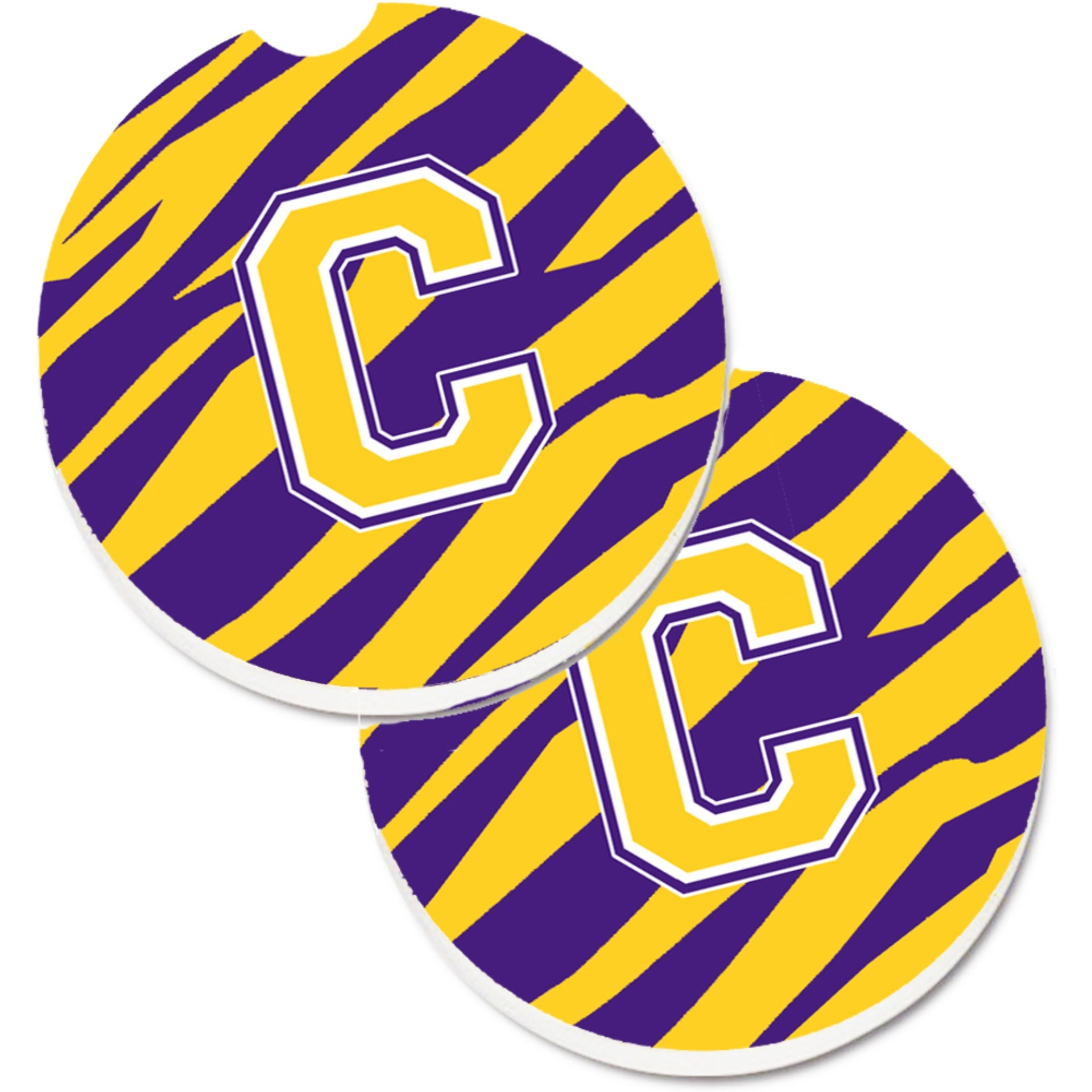&quotCaroline's Treasures Letter C Monogram - Tiger Stripe - Purple Gold Set of 2 Cup Holder Car Coasters CJ1022-CCARC, 2.56, Multicolor"