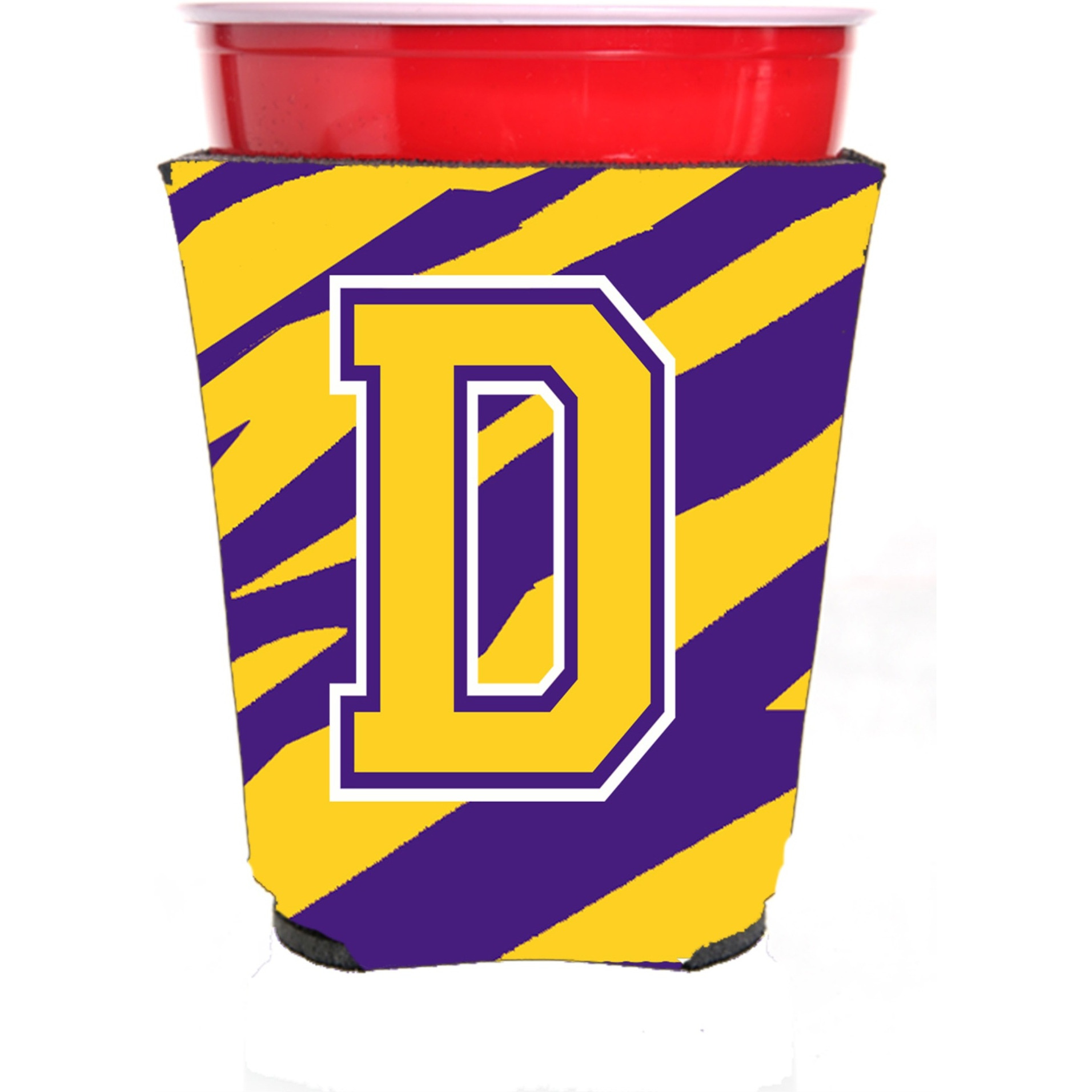 Tiger Stripe - Purple Gold Letter D Monogram Initial Red Solo Cup Beverage Insulator Hugger
