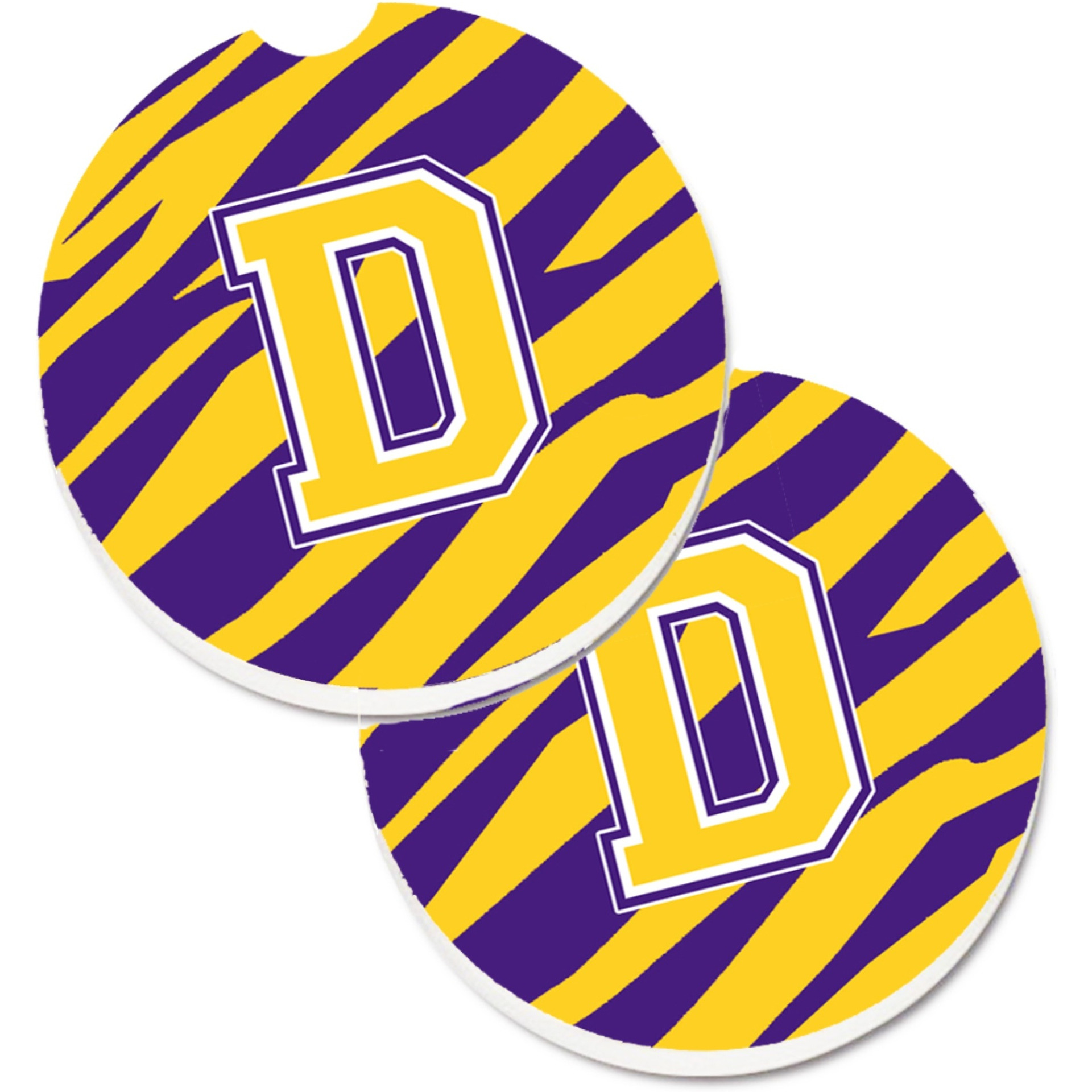 &quotCaroline's Treasures Letter D Monogram - Tiger Stripe - Purple Gold Set of 2 Cup Holder Car Coasters CJ1022-DCARC, 2.56, Multicolor"