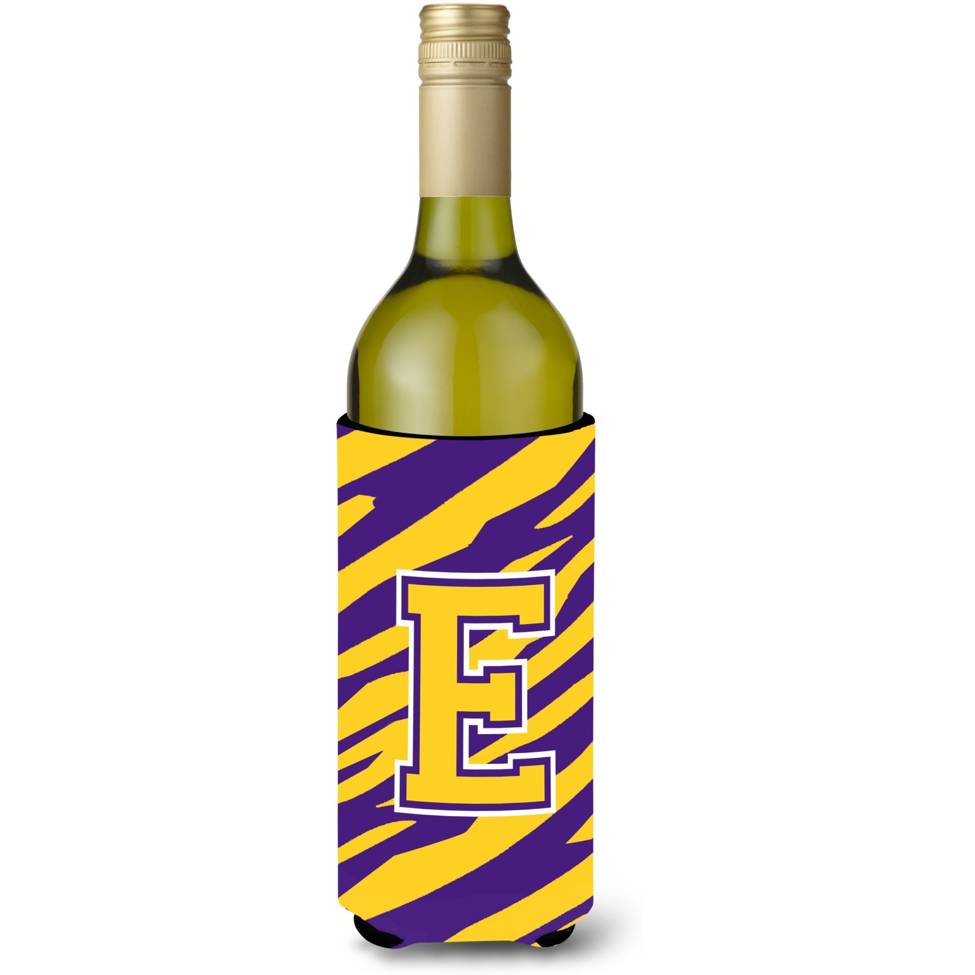 Monogram - Tiger Stripe - Purple Gold  Initial E Wine Bottle Beverage Insulator Beverage Insulator Hugger