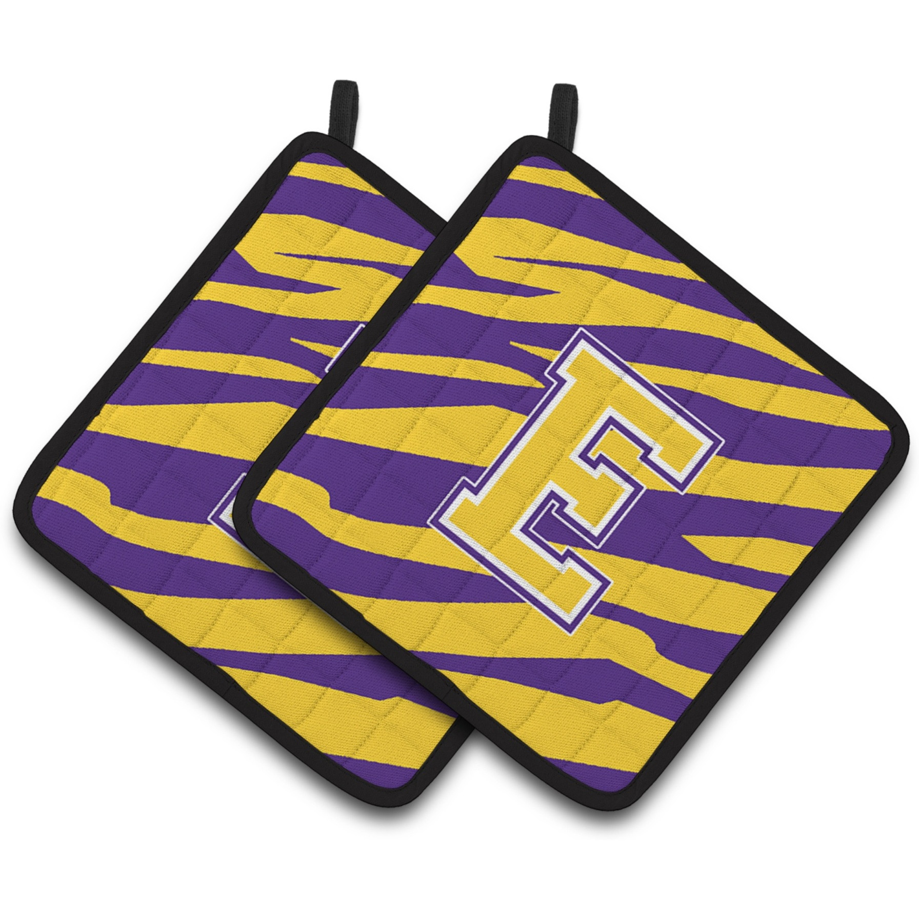 &quotCaroline's Treasures CJ1022-EPTHD Letter E Monogram with Tiger Stripes Pot Holders (1 Pair), 7.5"" x 7.5"", Purple/Gold"