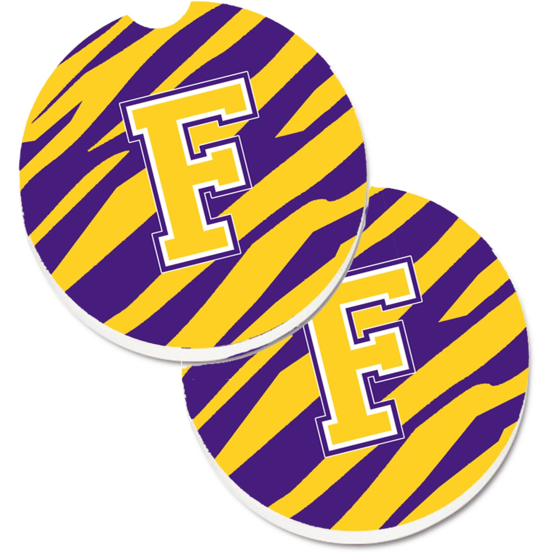 &quotCaroline's Treasures Letter F Monogram - Tiger Stripe - Purple Gold Set of 2 Cup Holder Car Coasters CJ1022-FCARC, 2.56, Multicolor"
