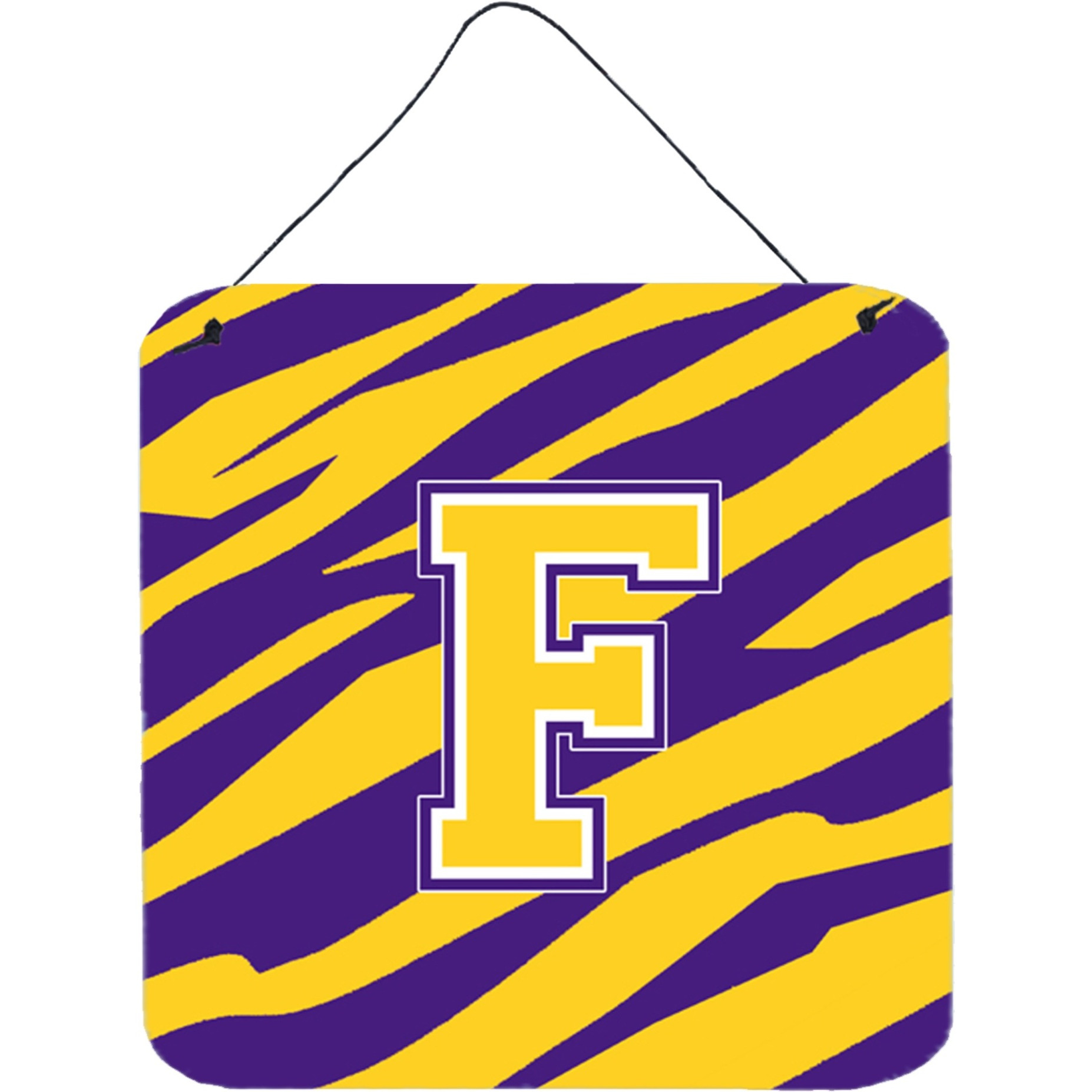 &quotCaroline's Treasures Tiger Stripe-Purple Gold Wall or Door Hanging Prints, Initial F, 6 x 6"", Multicolor"