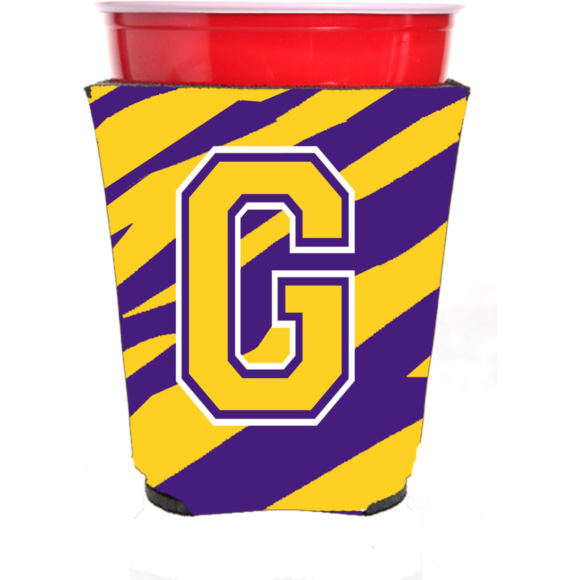 Tiger Stripe - Purple Gold Letter G Monogram Initial Red Solo Cup Beverage Insulator Hugger