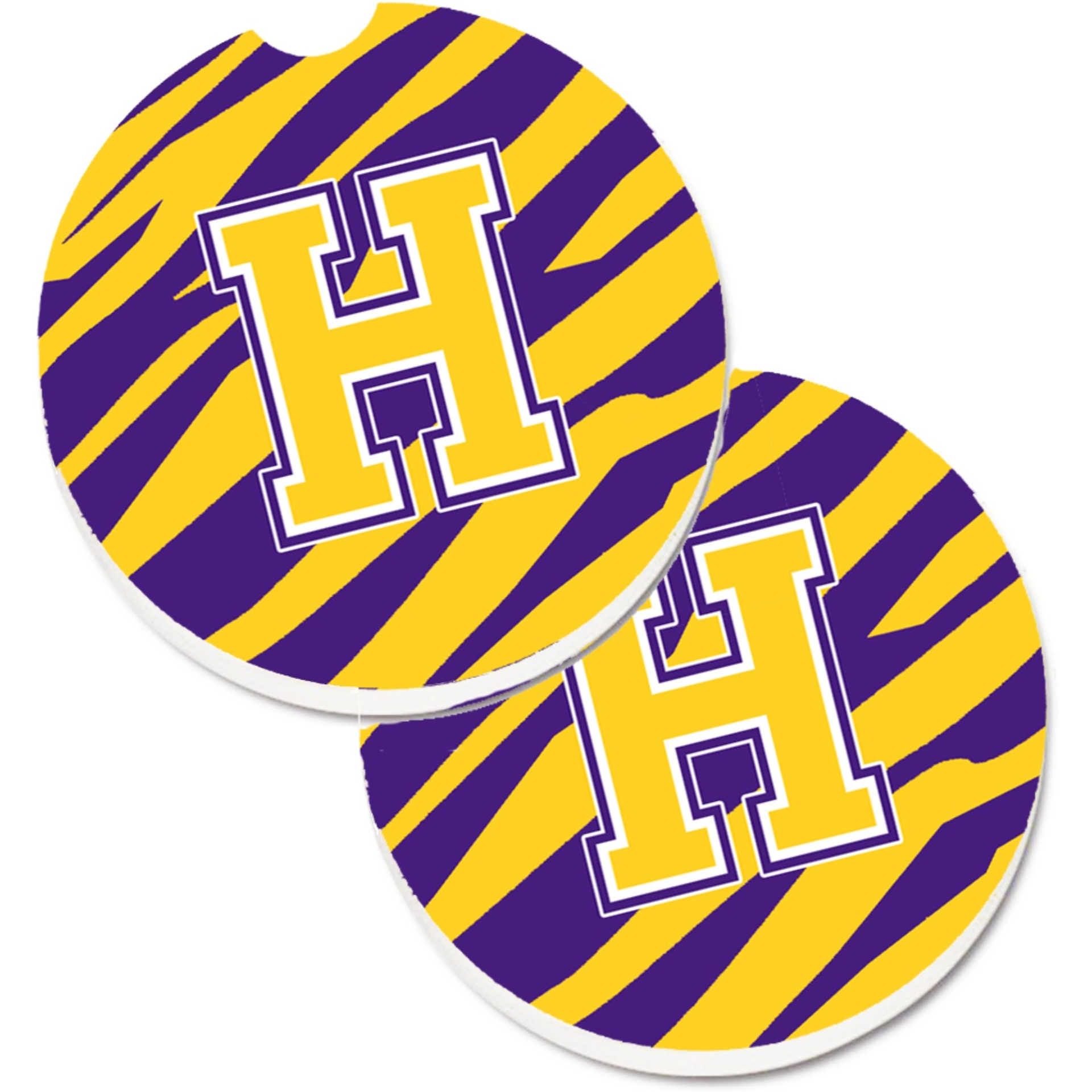&quotCaroline's Treasures Letter H Monogram - Tiger Stripe - Purple Gold Set of 2 Cup Holder Car Coasters CJ1022-HCARC, 2.56, Multicolor"
