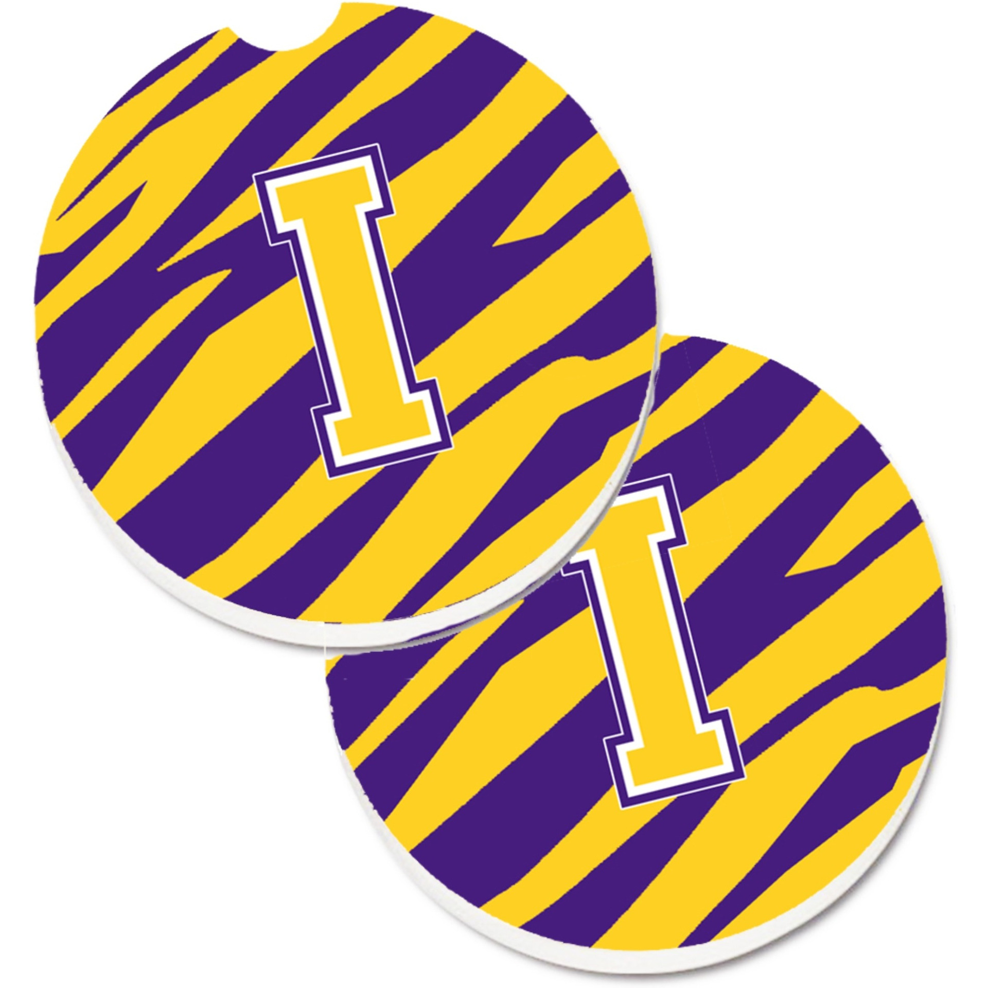 &quotCaroline's Treasures Letter I Monogram - Tiger Stripe - Purple Gold Set of 2 Cup Holder Car Coasters CJ1022-ICARC, 2.56, Multicolor"