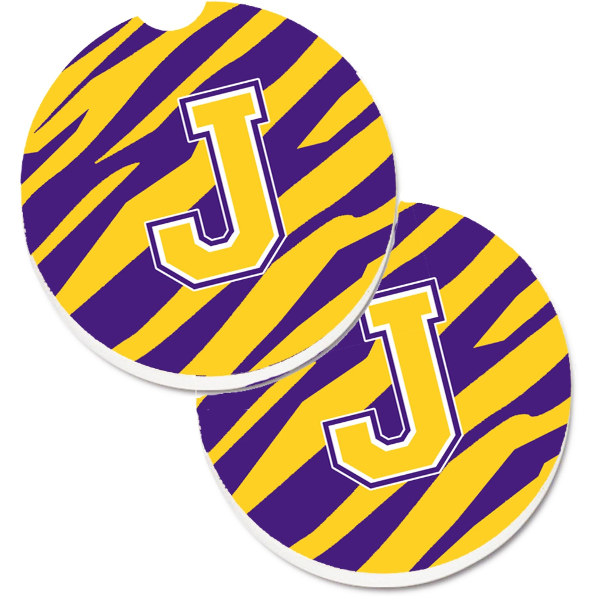 &quotCaroline's Treasures Letter J Monogram - Tiger Stripe - Purple Gold Set of 2 Cup Holder Car Coasters CJ1022-JCARC, 2.56, Multicolor"