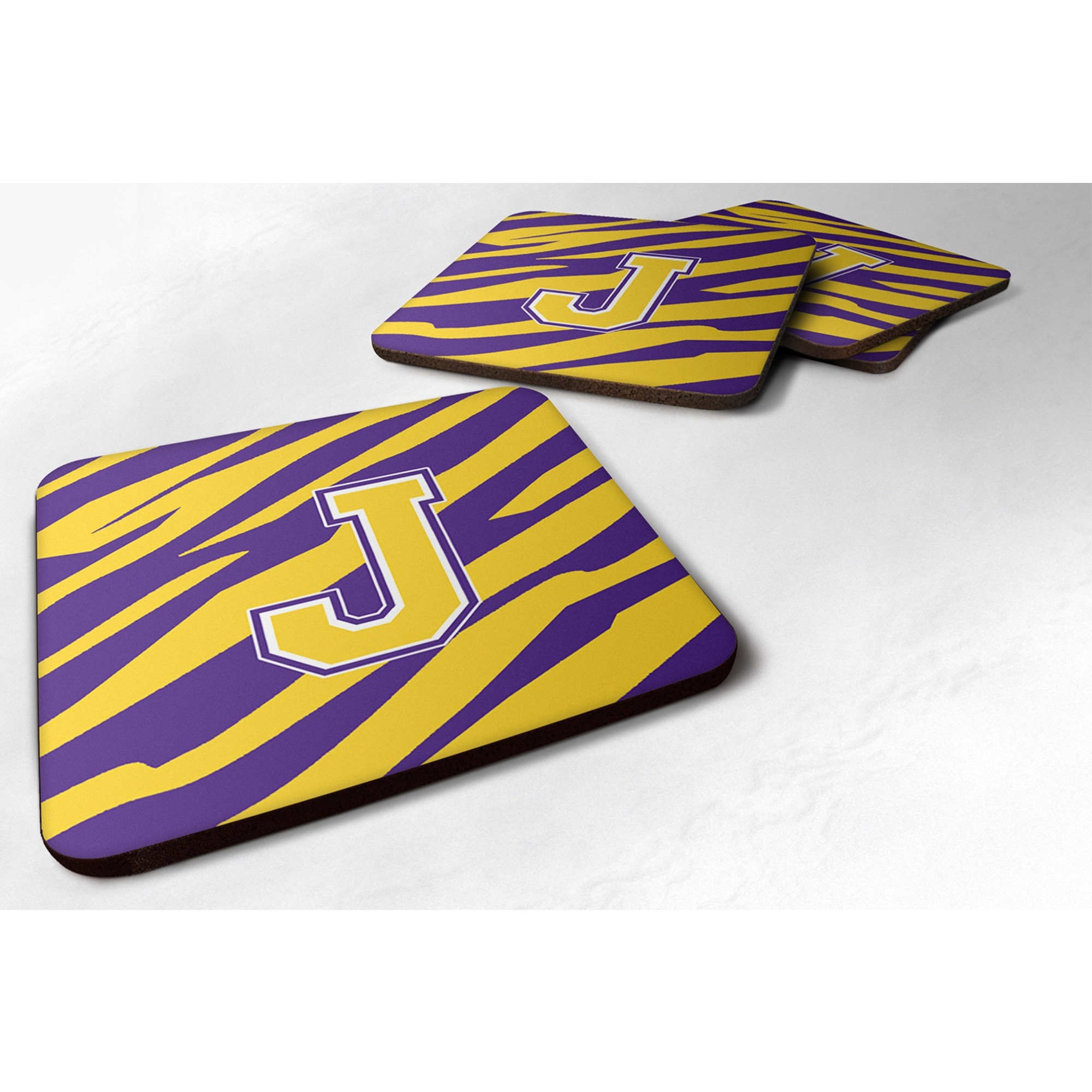&quotCaroline's Treasures CJ1022-JFC Monogram-Initial J Tiger Stripe-Purple Gold Foam Coasters (Set of 4), 3.5"" H x 3.5"" W, Multicolor"