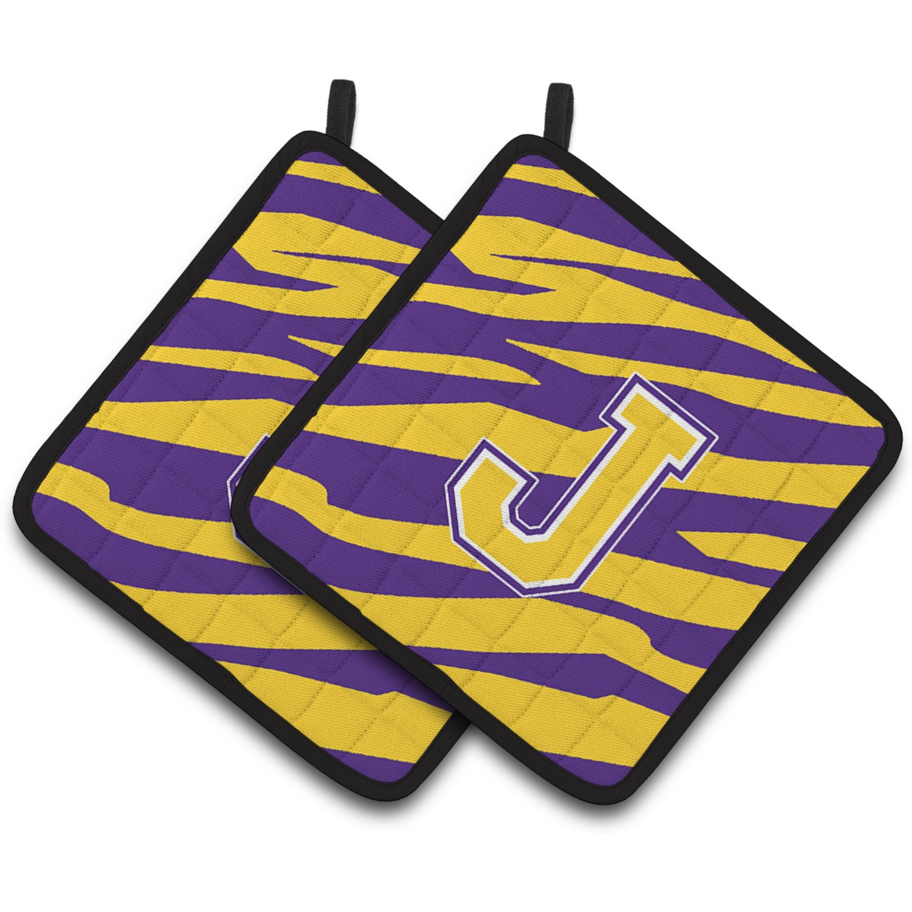&quotCaroline's Treasures Letter J Monogram - Tiger Stripe - Purple Gold Pair of Pot Holders CJ1022-JPTHD, 7.5HX7.5W, Multicolor"