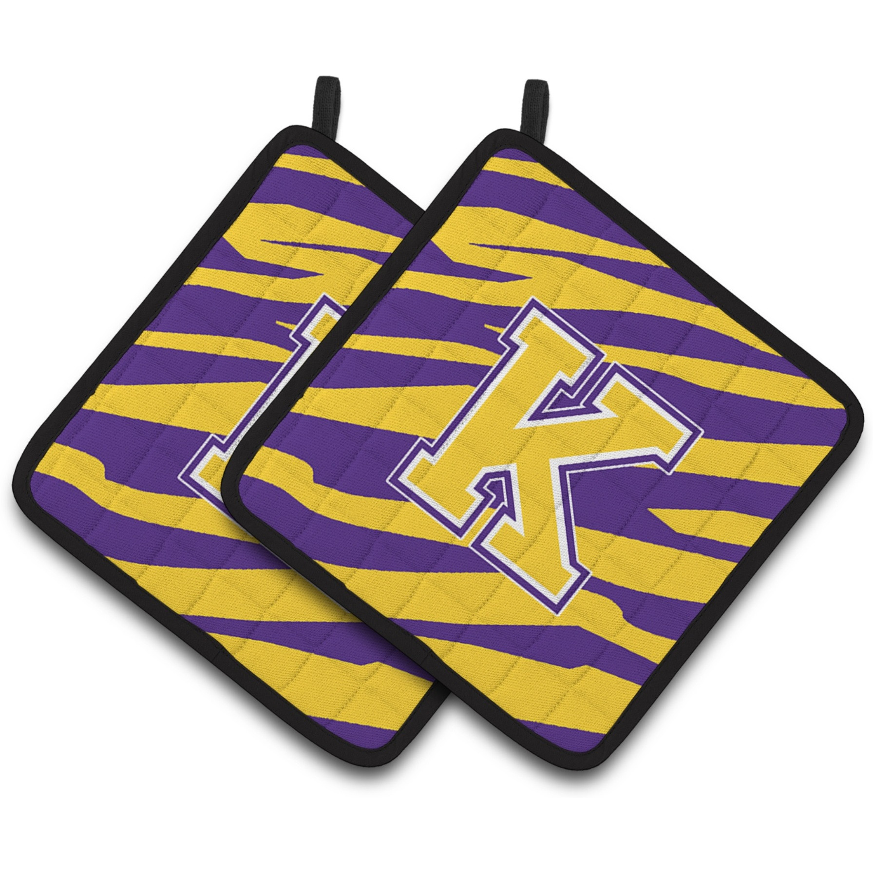 &quotCaroline's Treasures Letter K Monogram - Tiger Stripe - Purple Gold Pair of Pot Holders CJ1022-KPTHD, 7.5HX7.5W, Multicolor"