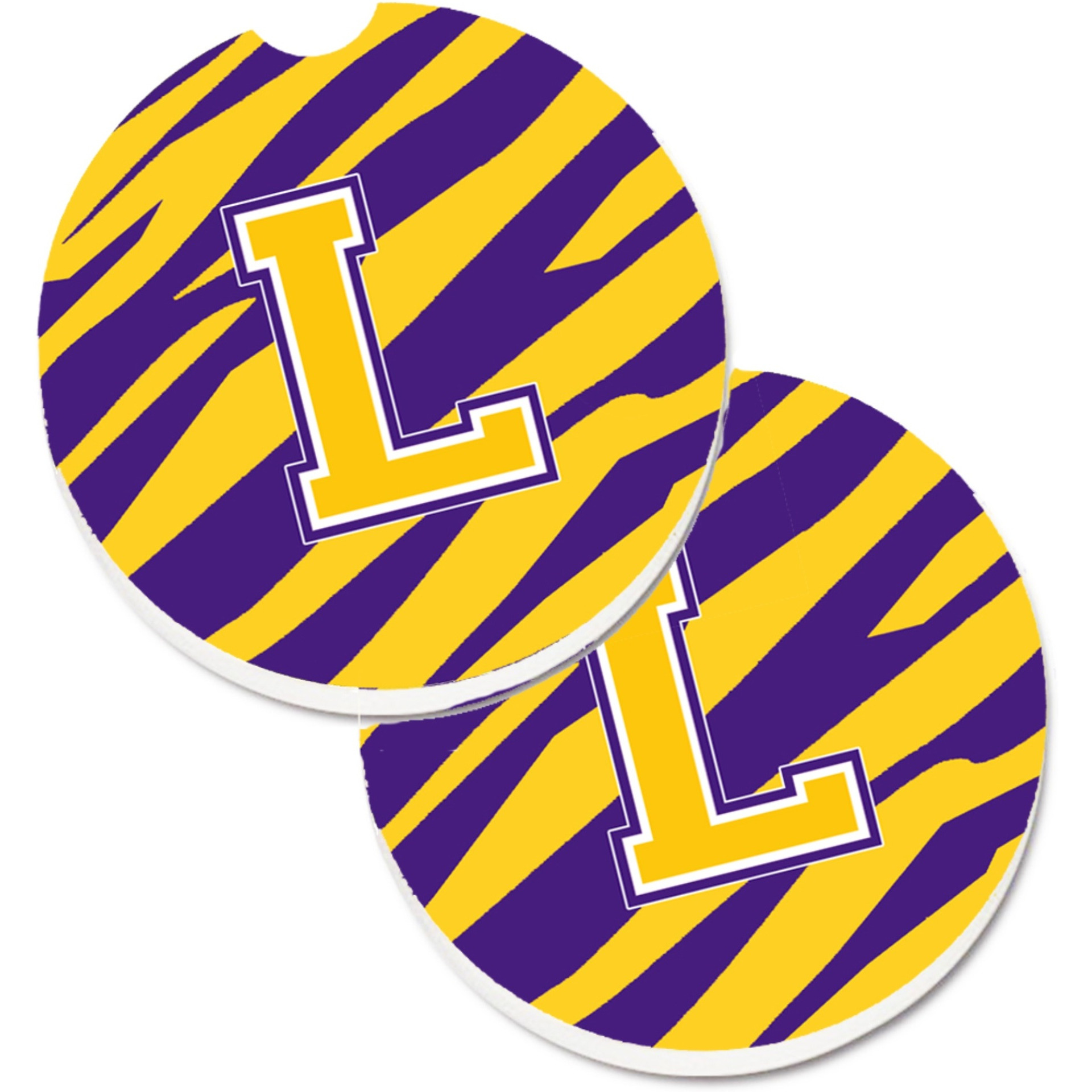 &quotCaroline's Treasures Letter L Monogram - Tiger Stripe - Purple Gold Set of 2 Cup Holder Car Coasters CJ1022-LCARC, 2.56, Multicolor"