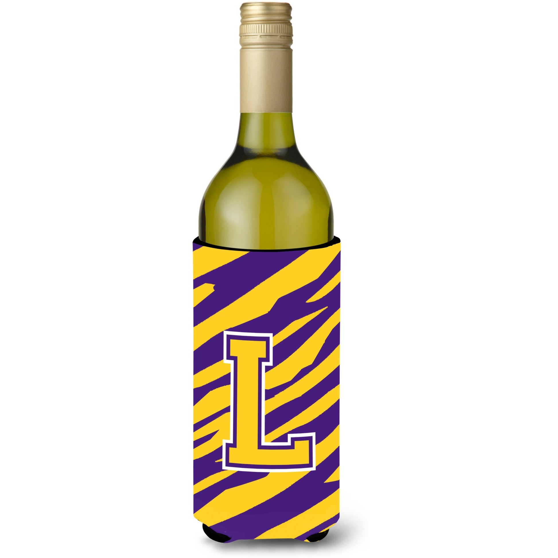 Monogram - Tiger Stripe - Purple Gold  Initial L Wine Bottle Beverage Insulator Beverage Insulator Hugger