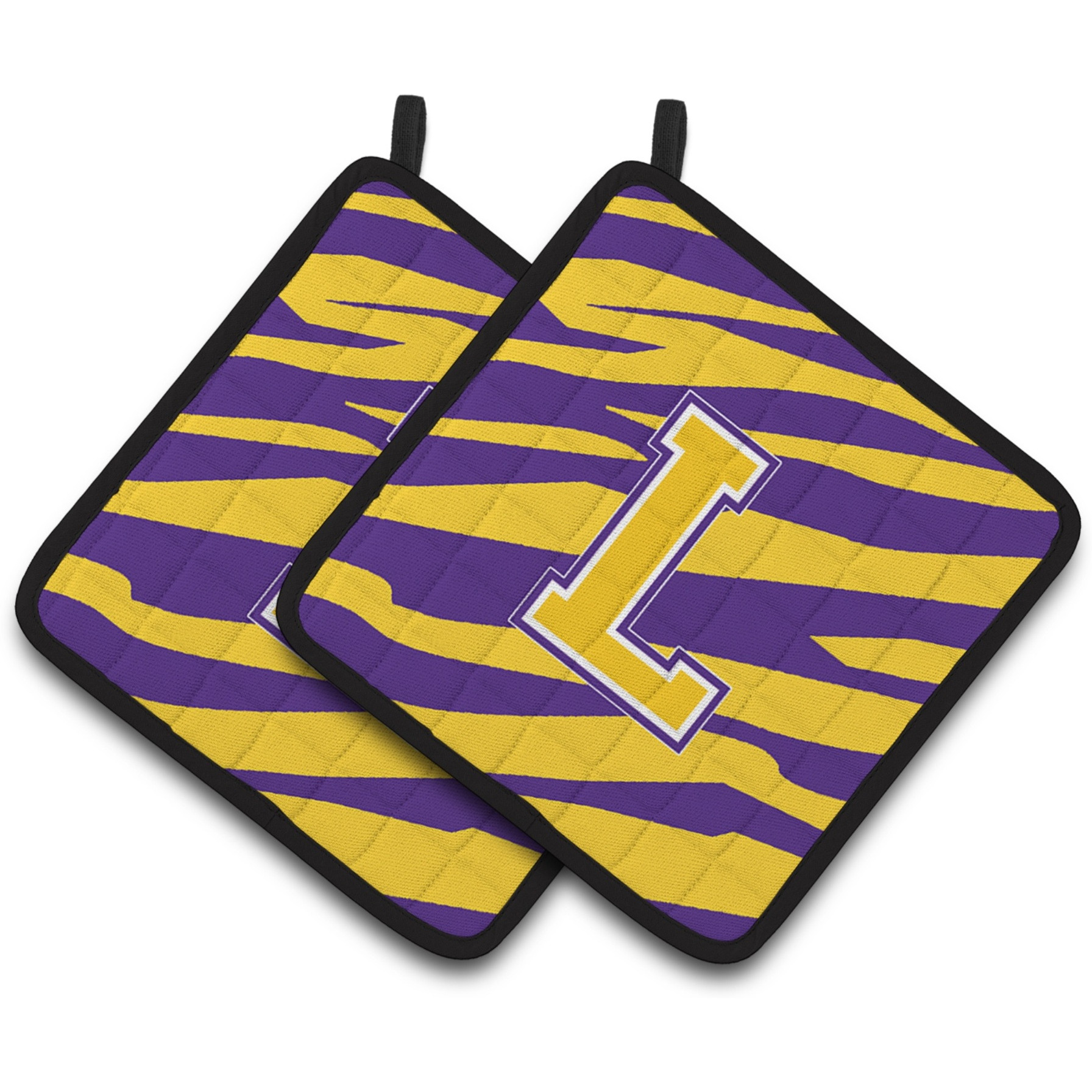 &quotCaroline's Treasures Letter L Monogram - Tiger Stripe - Purple Gold Pair of Pot Holders CJ1022-LPTHD, 7.5HX7.5W, Multicolor"