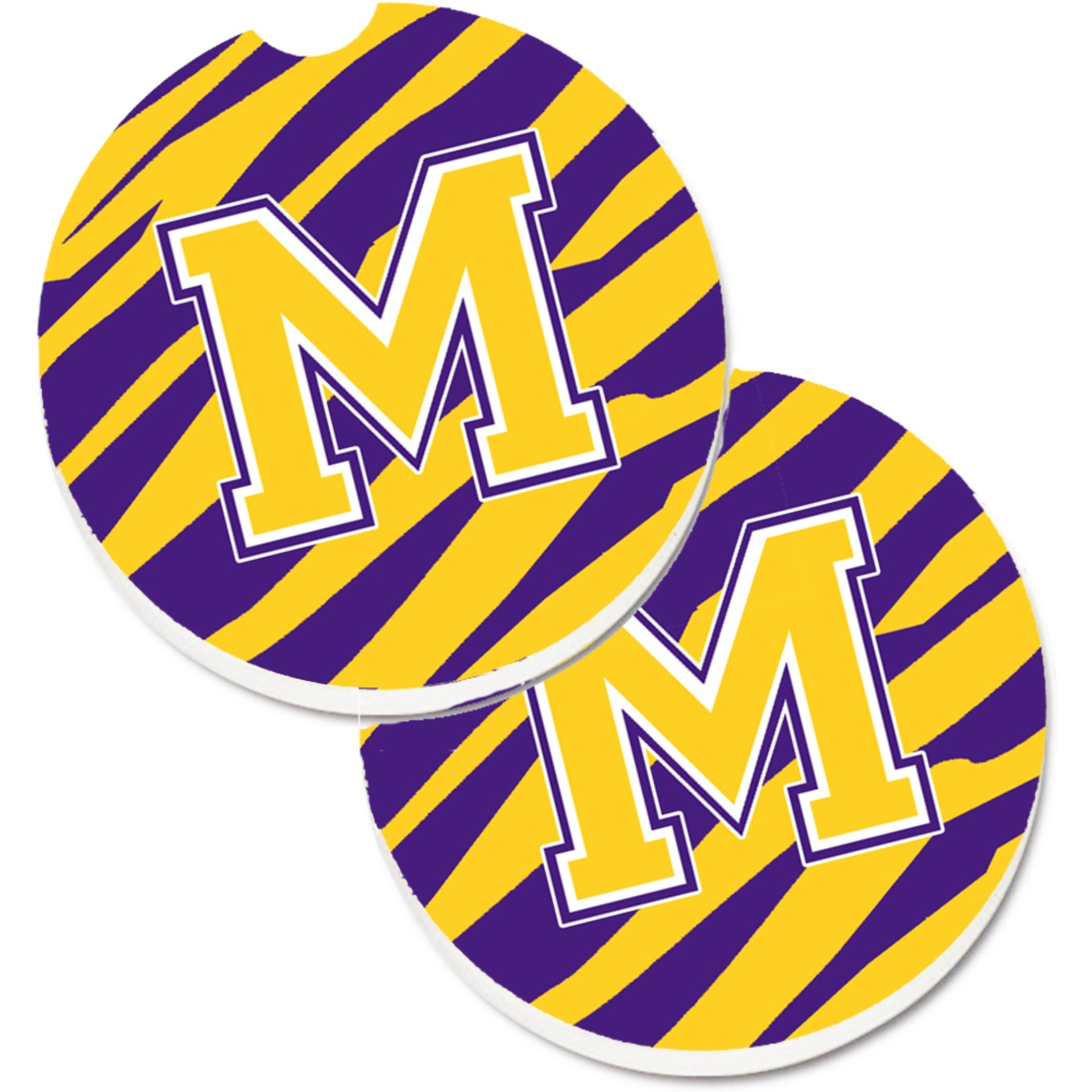 &quotCaroline's Treasures Letter M Monogram - Tiger Stripe - Purple Gold Set of 2 Cup Holder Car Coasters CJ1022-MCARC, 2.56, Multicolor"