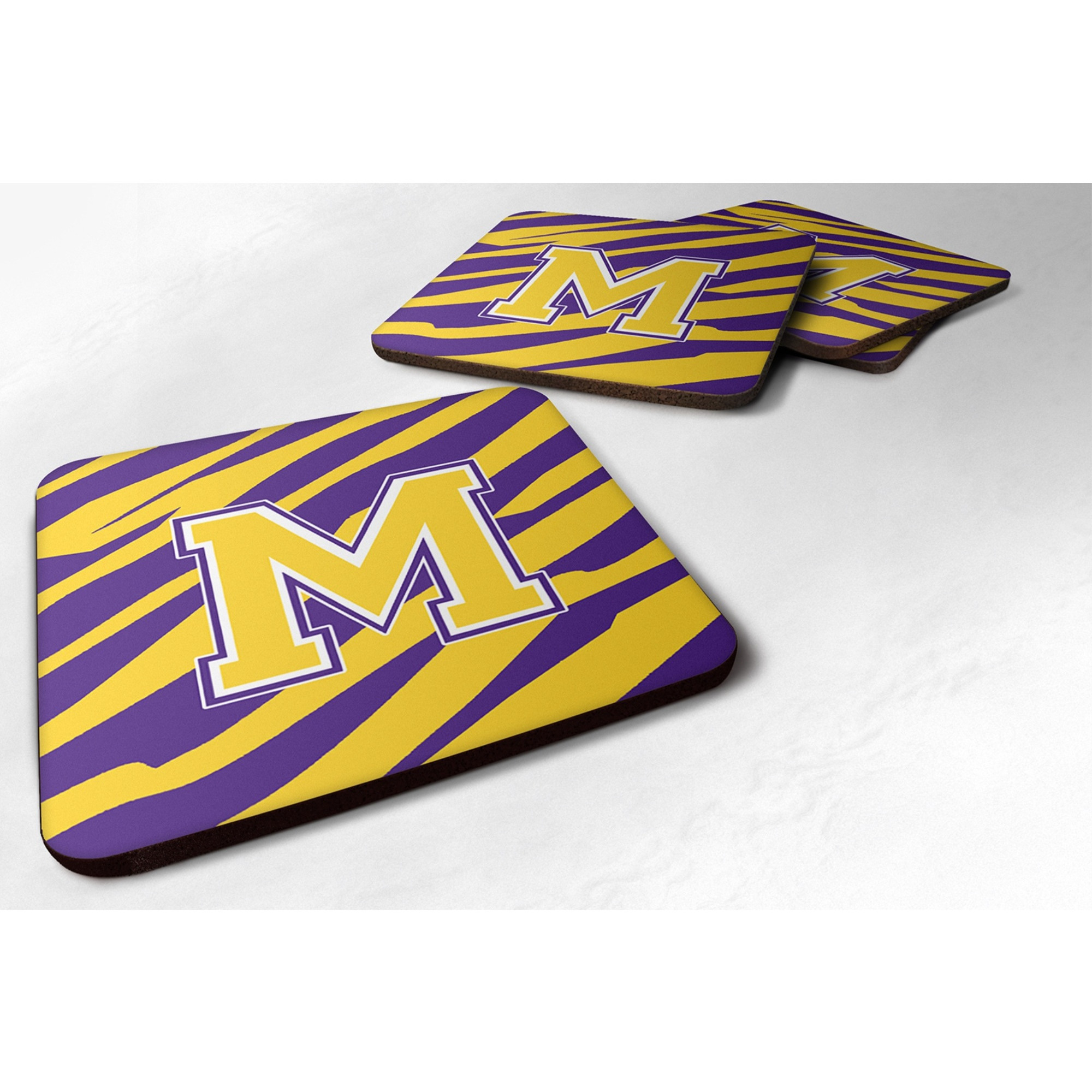&quotCaroline's Treasures CJ1022-MFC Monogram-Initial M Tiger Stripe-Purple Gold Foam Coasters (Set of 4), 3.5"" H x 3.5"" W, Multicolor"