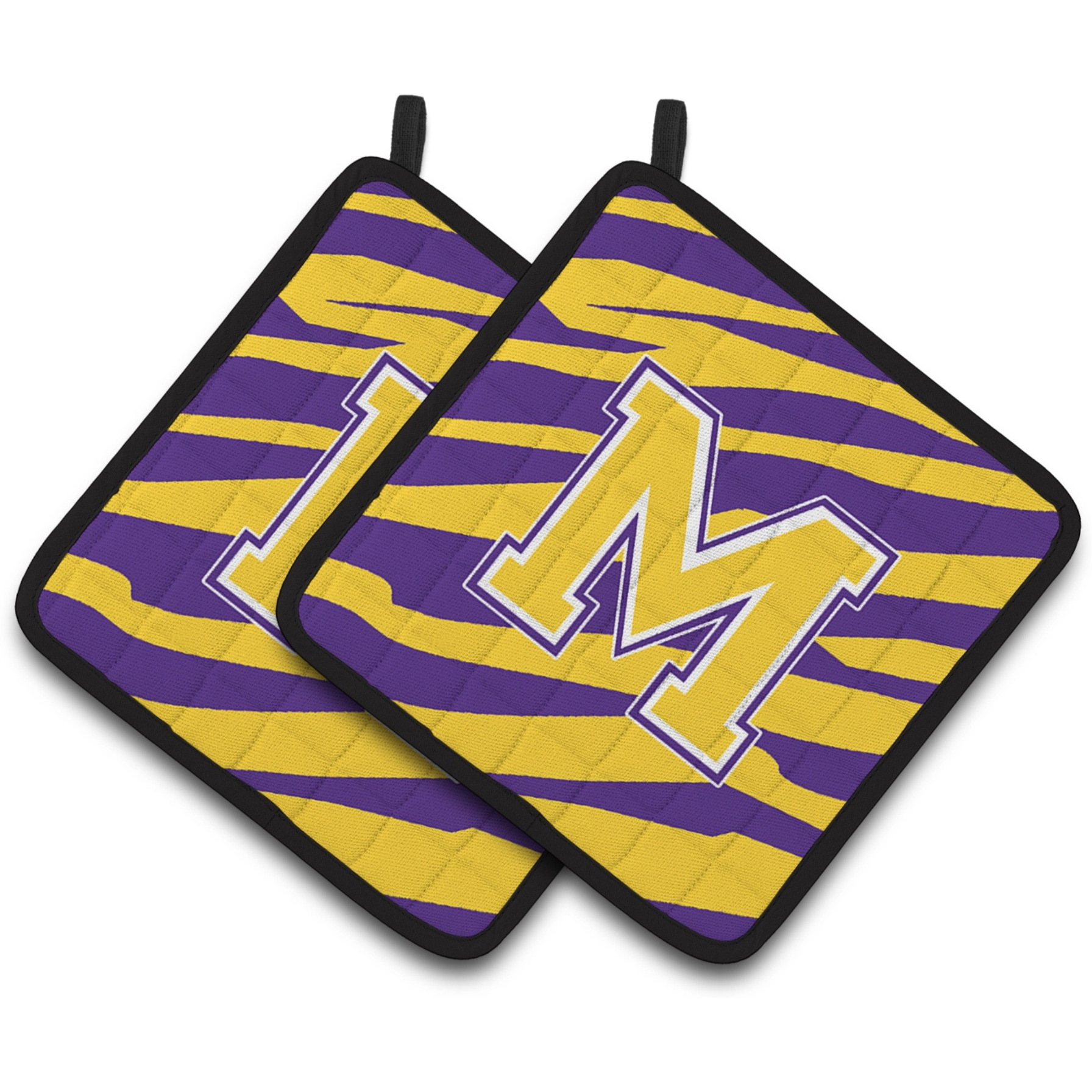 &quotCaroline's Treasures CJ1022-MPTHD Letter M Monogram with Tiger Stripes Pot Holders (1 Pair), 7.5"" x 7.5"", Purple/Gold"