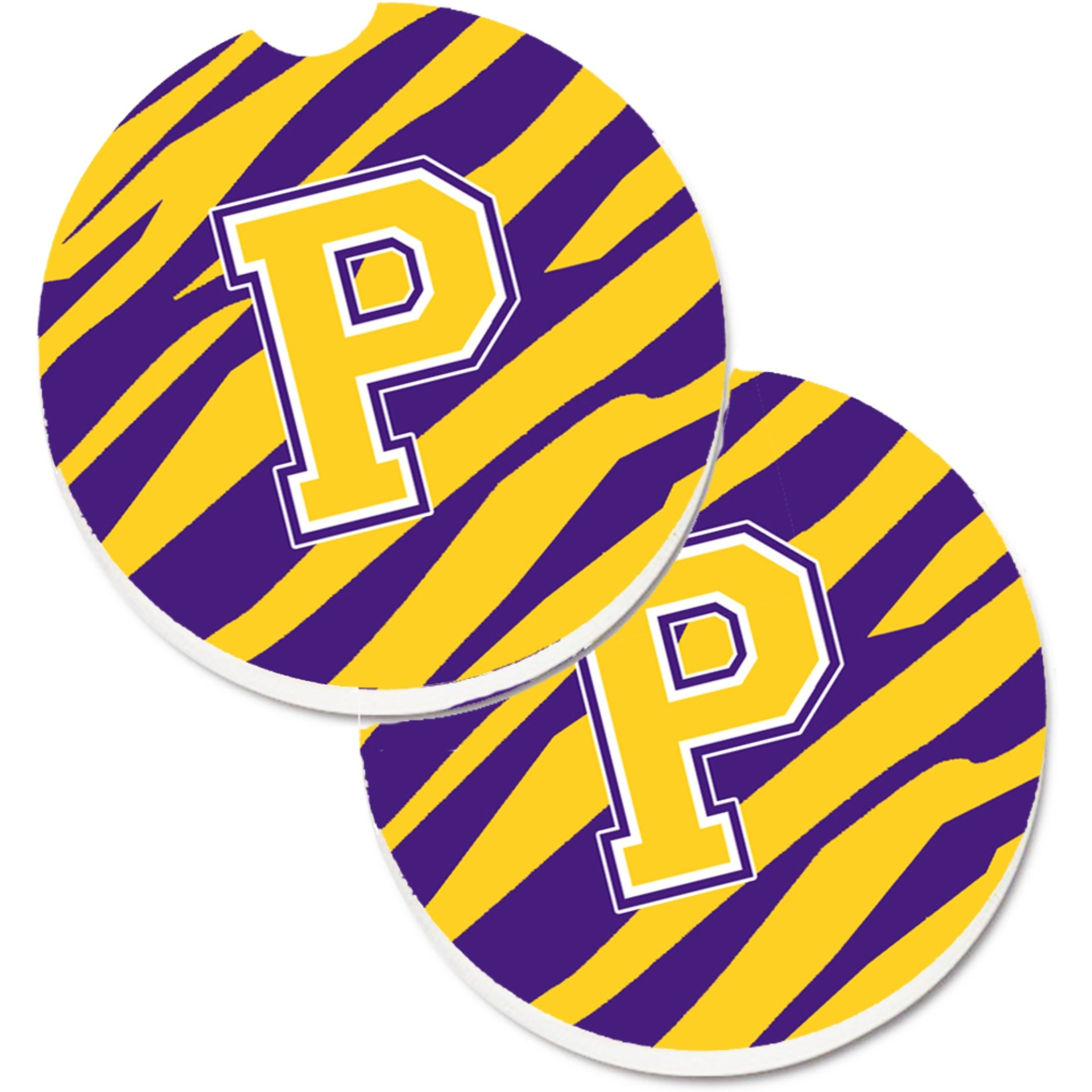 &quotCaroline's Treasures Letter P Monogram - Tiger Stripe - Purple Gold Set of 2 Cup Holder Car Coasters CJ1022-PCARC, 2.56, Multicolor"