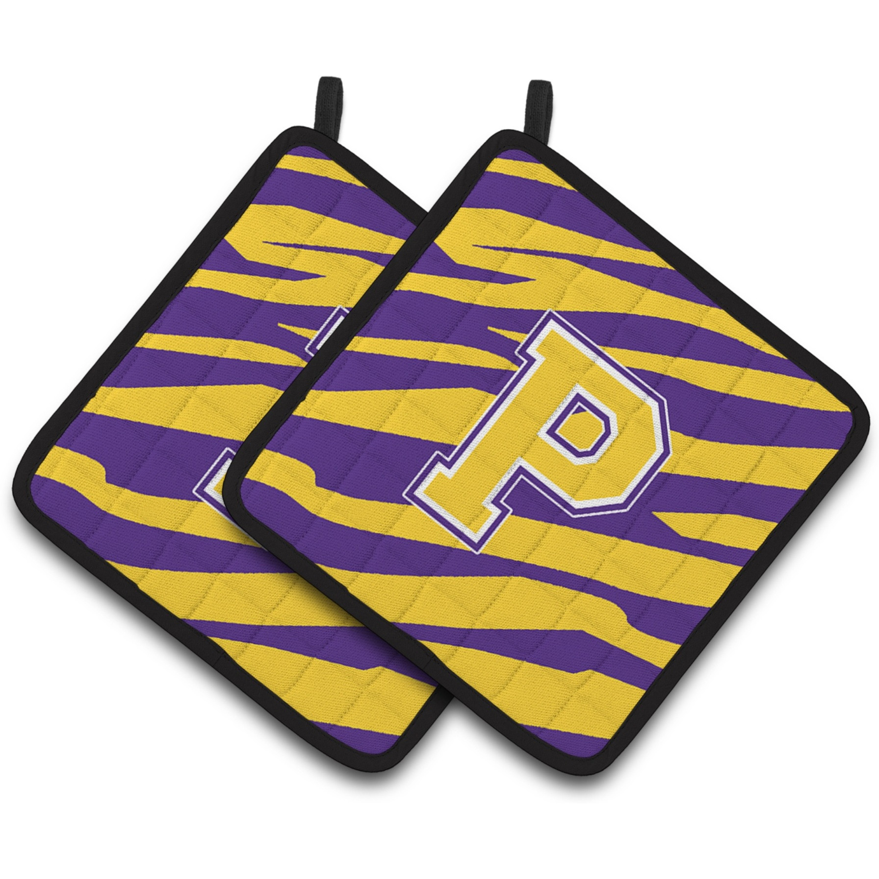 &quotCaroline's Treasures Letter P Monogram - Tiger Stripe - Purple Gold Pair of Pot Holders CJ1022-PPTHD, 7.5HX7.5W, Multicolor"