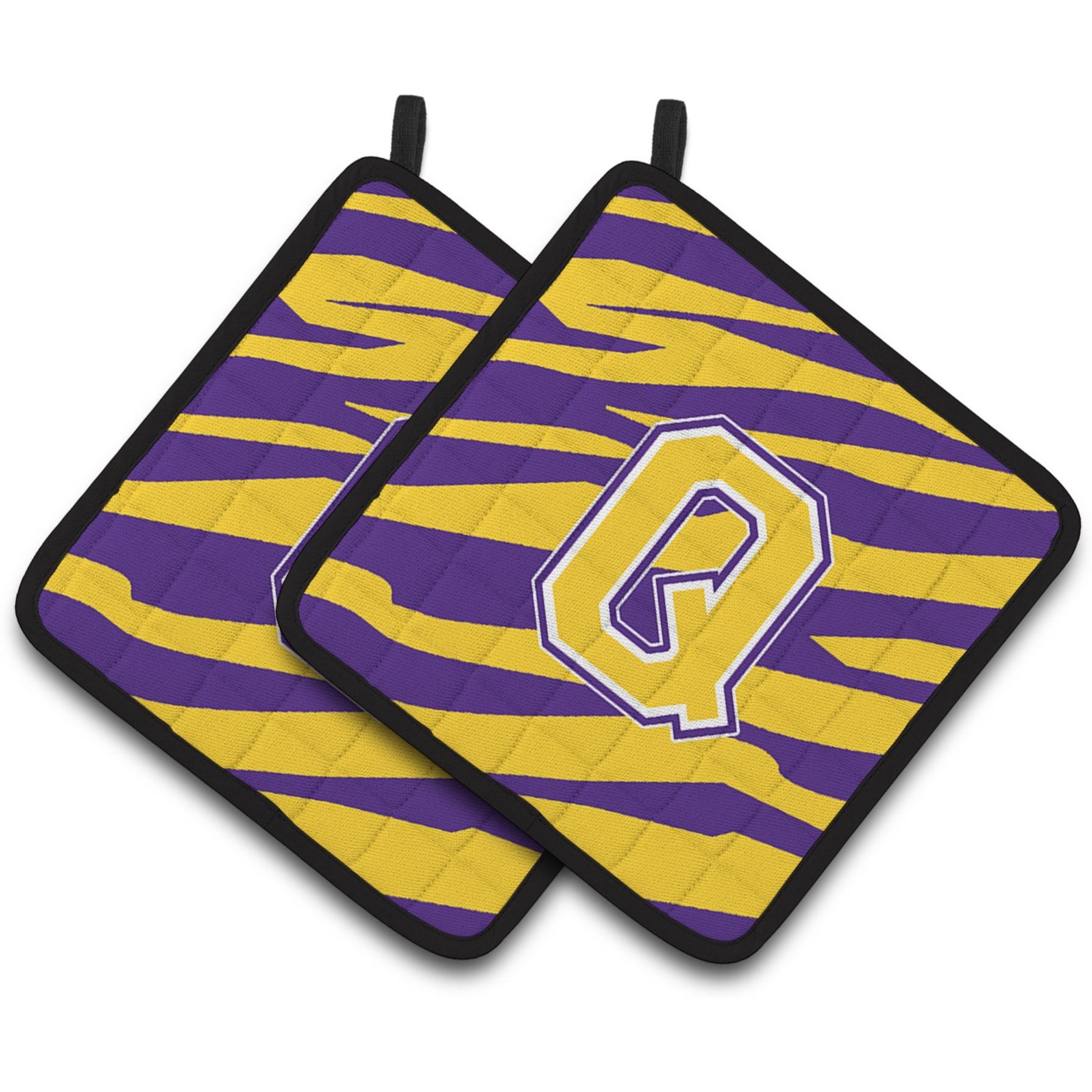 &quotCaroline's Treasures Letter Q Monogram - Tiger Stripe - Purple Gold Pair of Pot Holders CJ1022-QPTHD, 7.5HX7.5W, Multicolor"