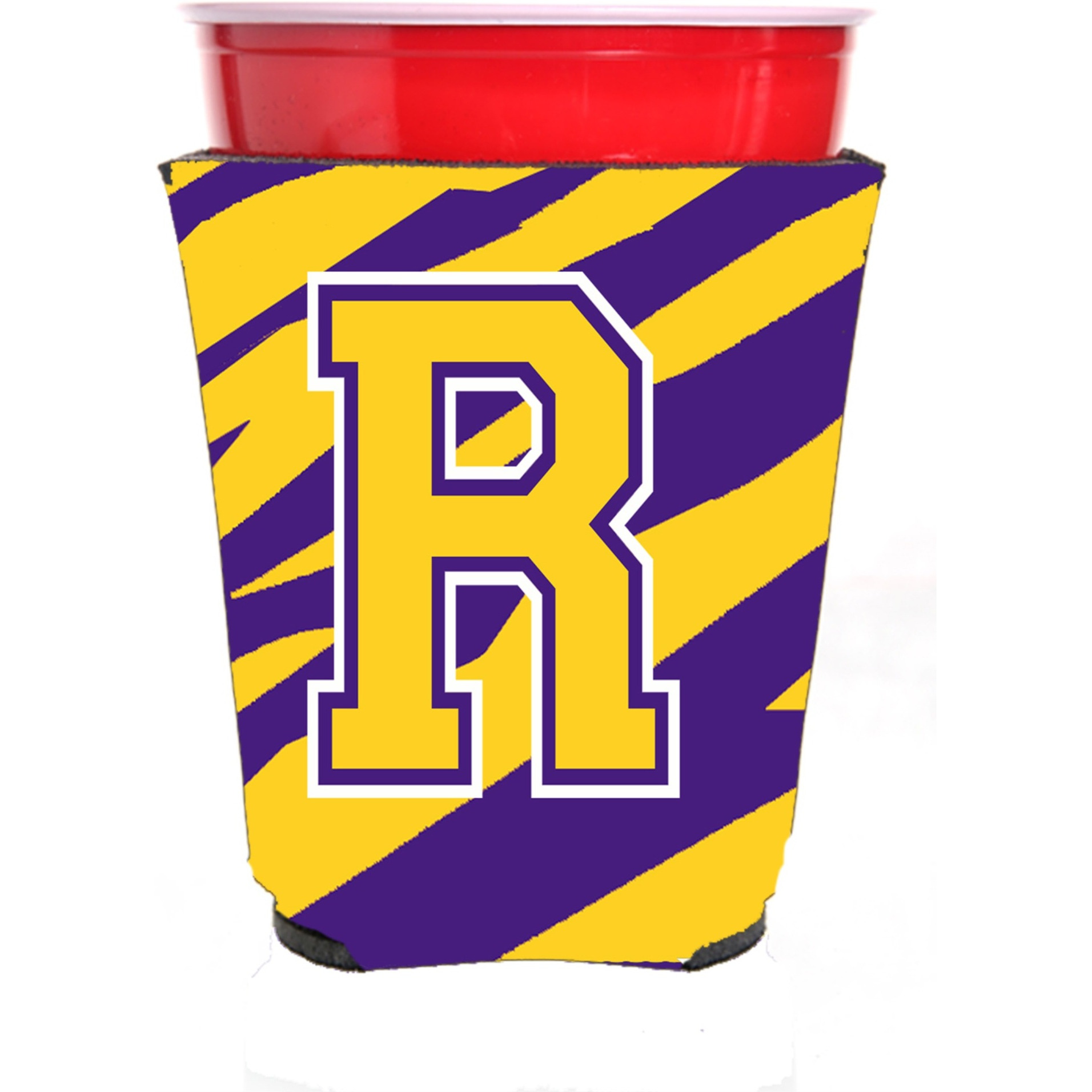 Tiger Stripe - Purple Gold Letter R Monogram Initial Red Solo Cup Beverage Insulator Hugger