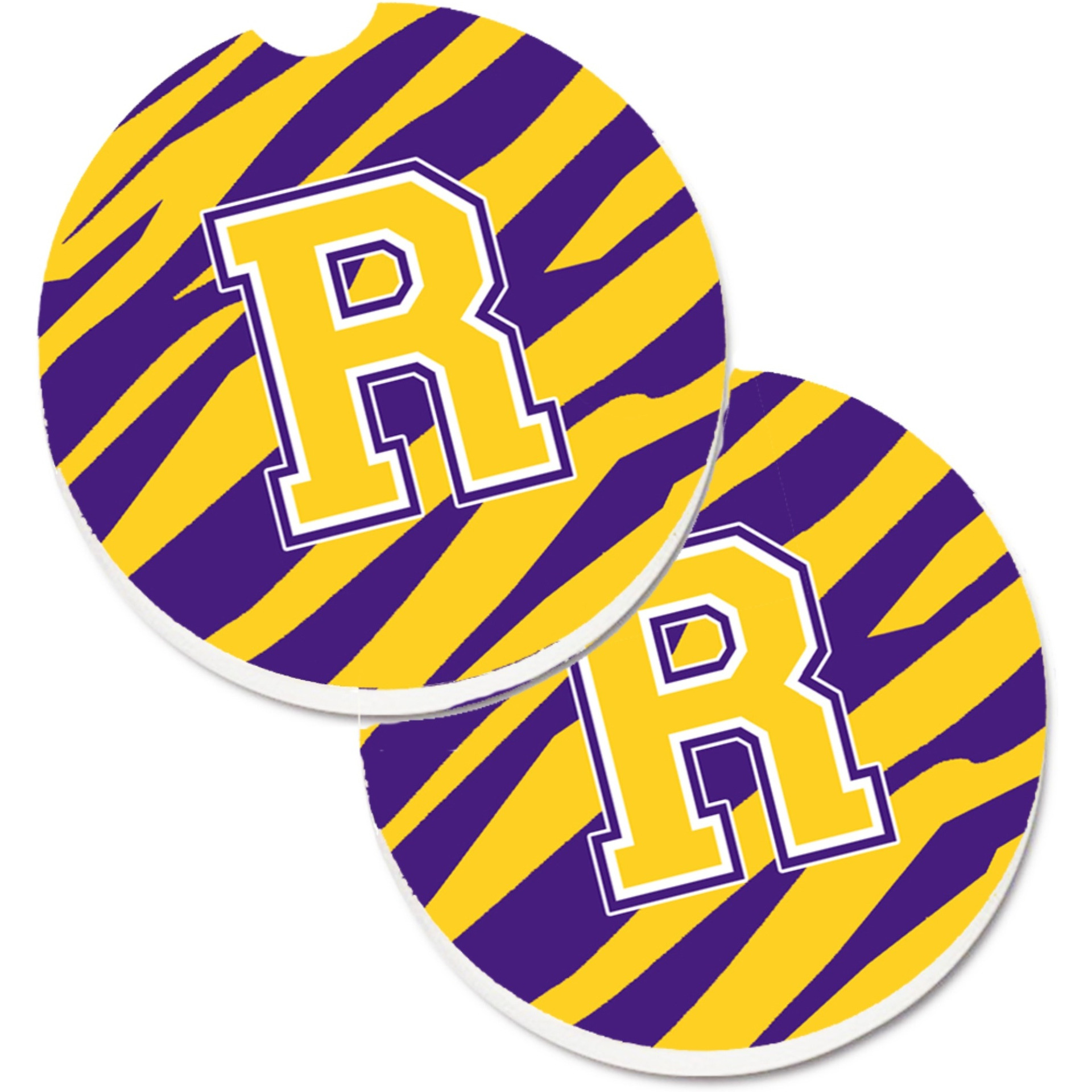 &quotCaroline's Treasures Letter R Monogram - Tiger Stripe - Purple Gold Set of 2 Cup Holder Car Coasters CJ1022-RCARC, 2.56, Multicolor"