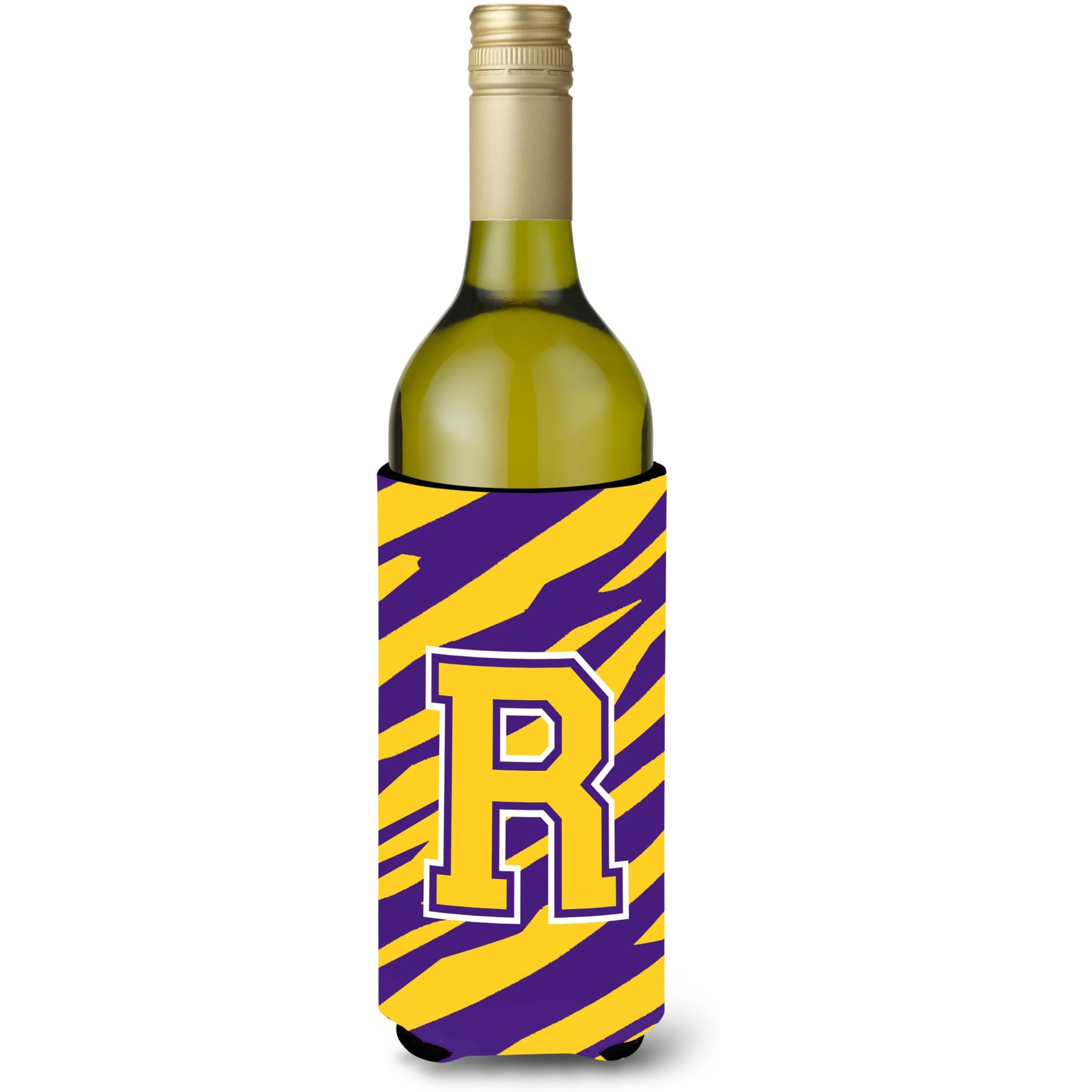 Monogram - Tiger Stripe - Purple Gold  Initial R Wine Bottle Beverage Insulator Beverage Insulator Hugger