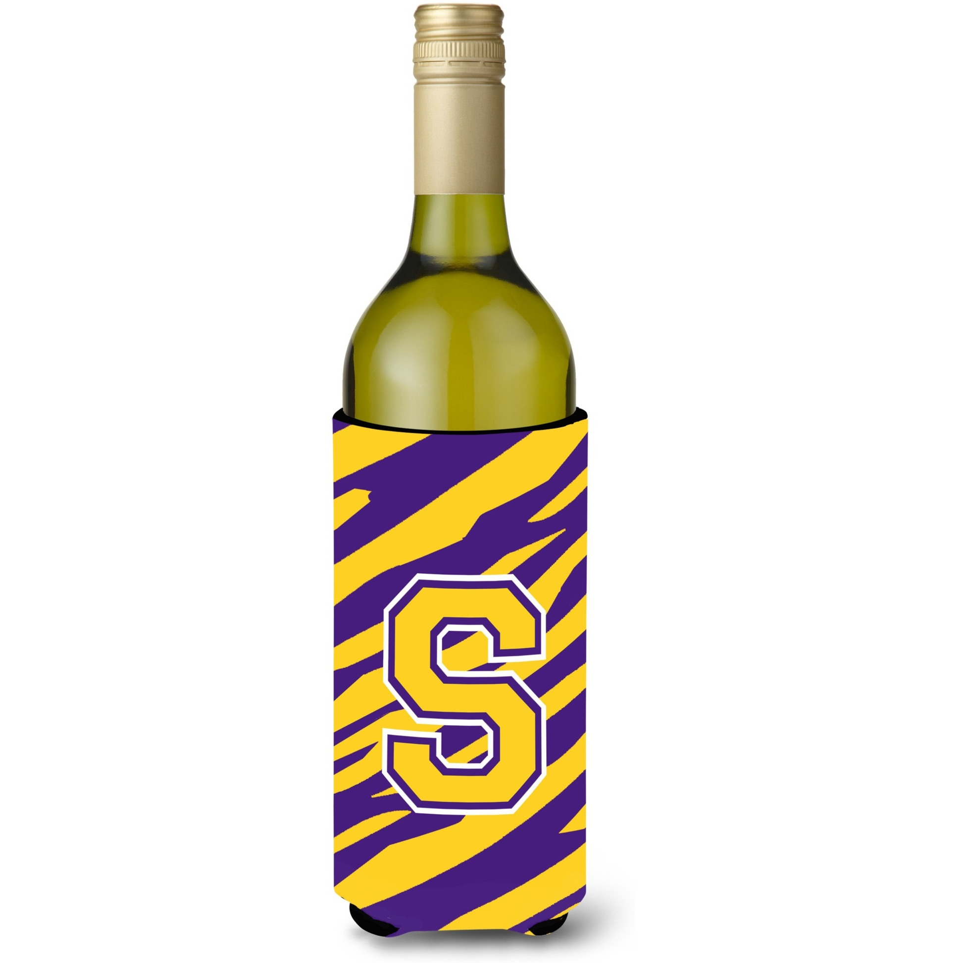 Monogram - Tiger Stripe - Purple Gold  Initial S Wine Bottle Beverage Insulator Beverage Insulator Hugger