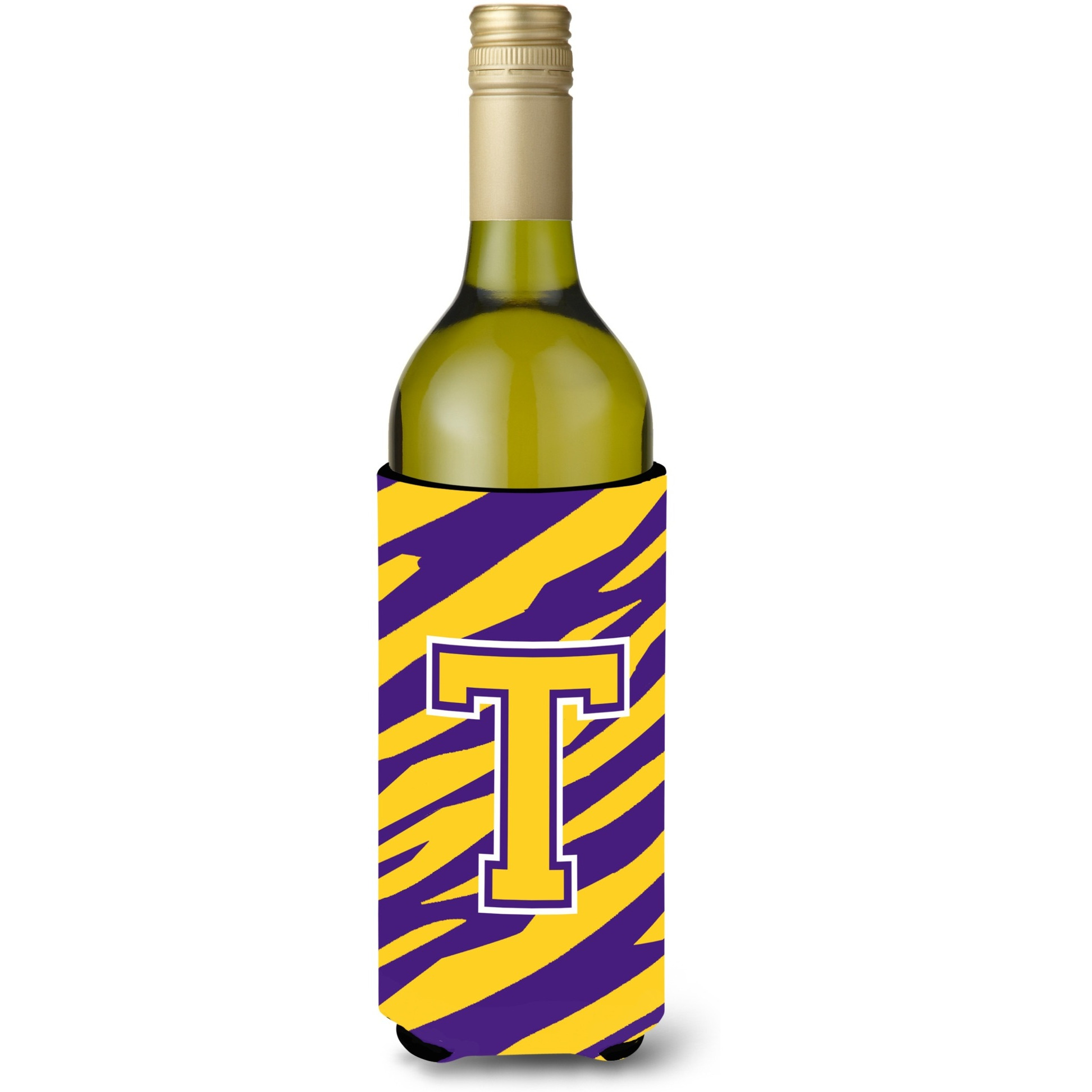 Monogram - Tiger Stripe - Purple Gold  Initial T Wine Bottle Beverage Insulator Beverage Insulator Hugger