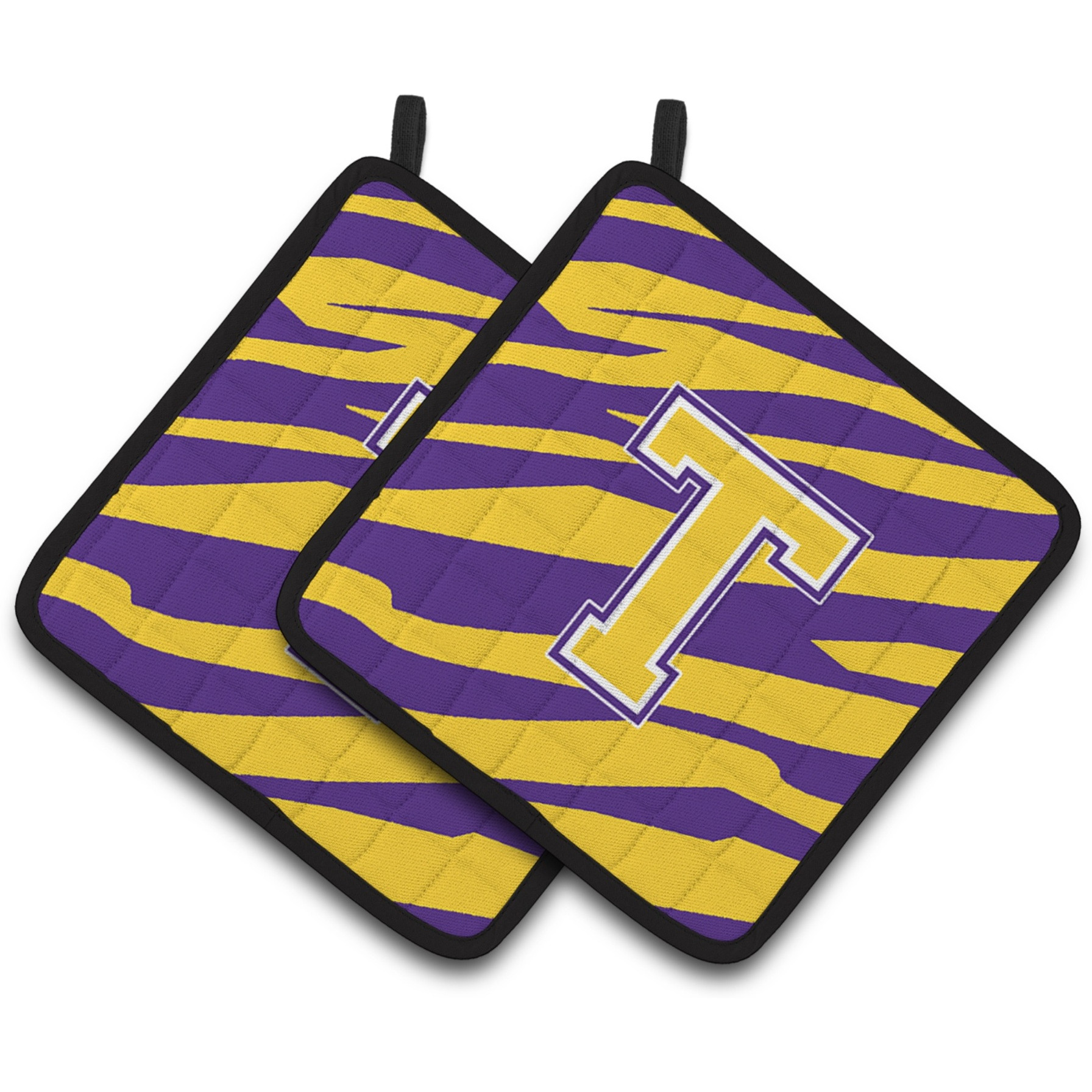 &quotCaroline's Treasures Letter T Monogram - Tiger Stripe - Purple Gold Pair of Pot Holders CJ1022-TPTHD, 7.5HX7.5W, Multicolor"