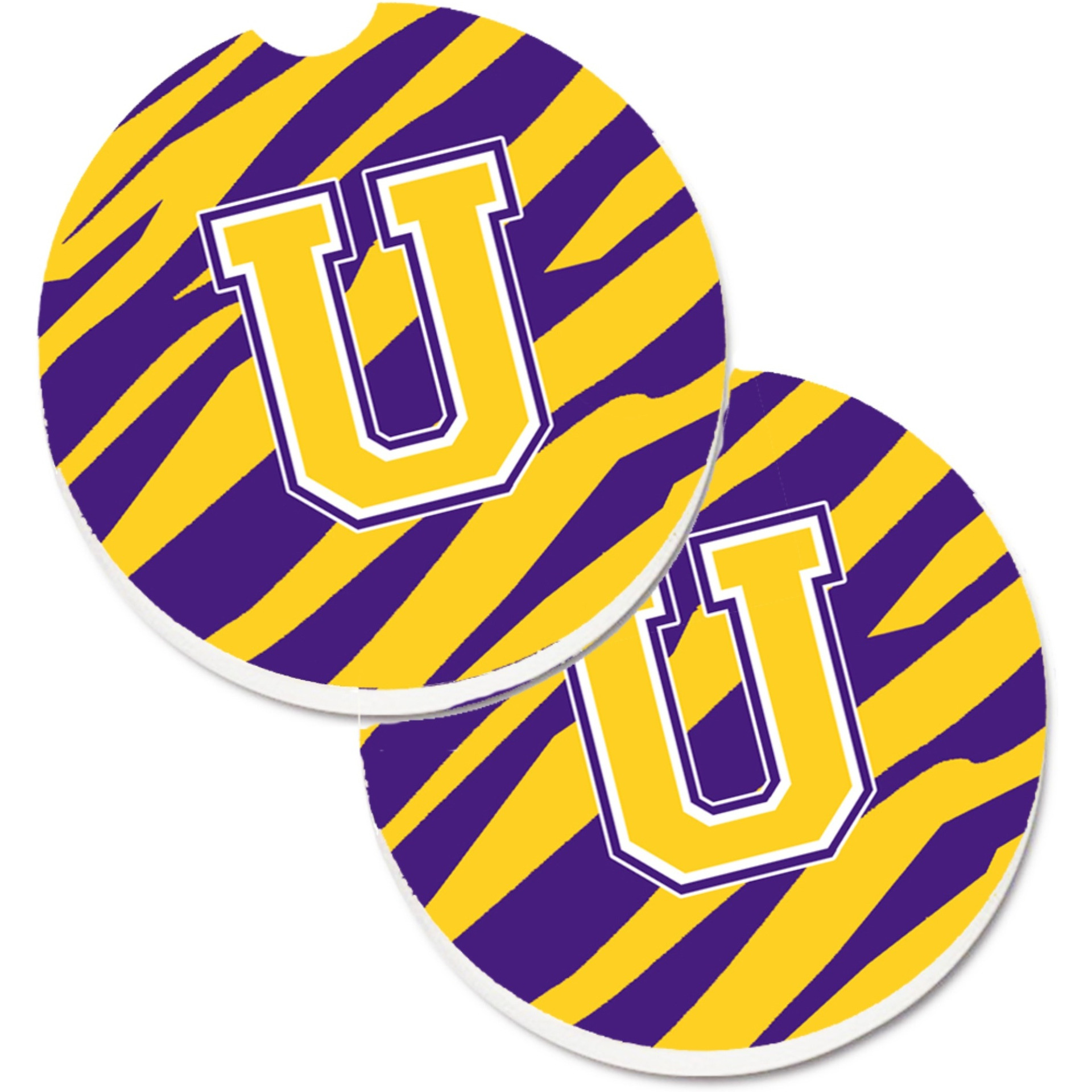 &quotCaroline's Treasures Letter U Monogram - Tiger Stripe - Purple Gold Set of 2 Cup Holder Car Coasters CJ1022-UCARC, 2.56, Multicolor"