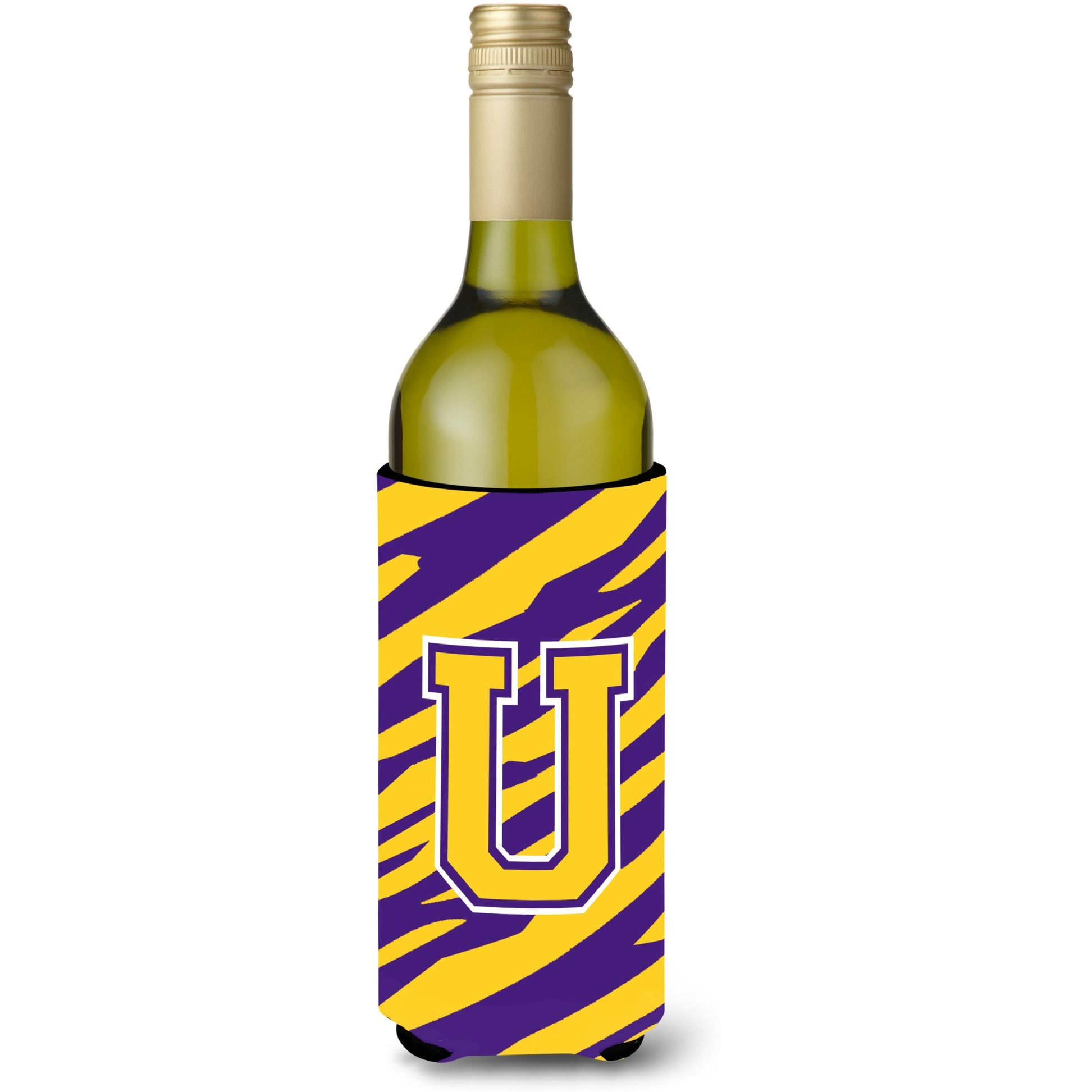 Monogram - Tiger Stripe - Purple Gold  Initial U Wine Bottle Beverage Insulator Beverage Insulator Hugger