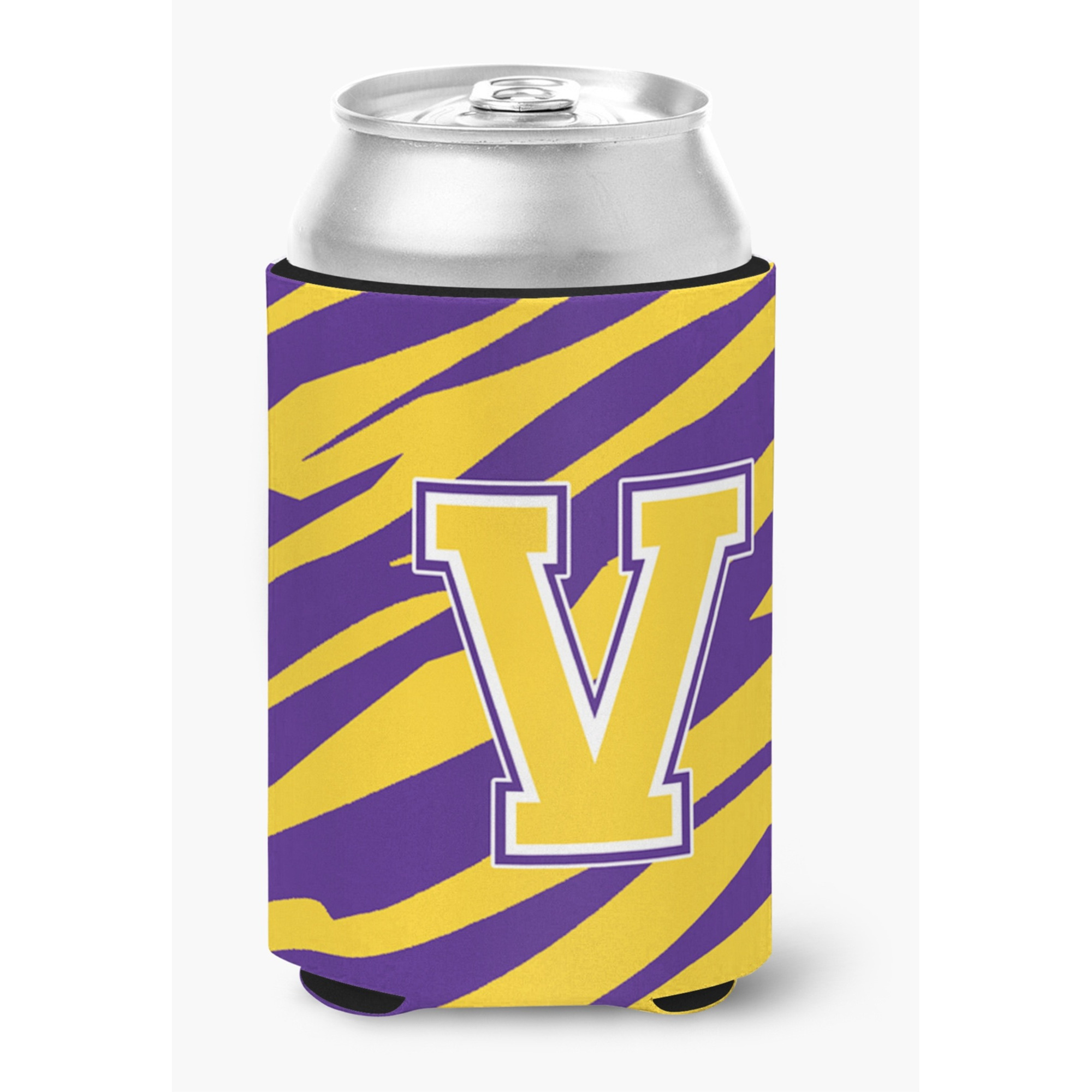 Monogram - Tiger Stripe - Purple Gold Can or Bottle Beverage Insulator Initial V