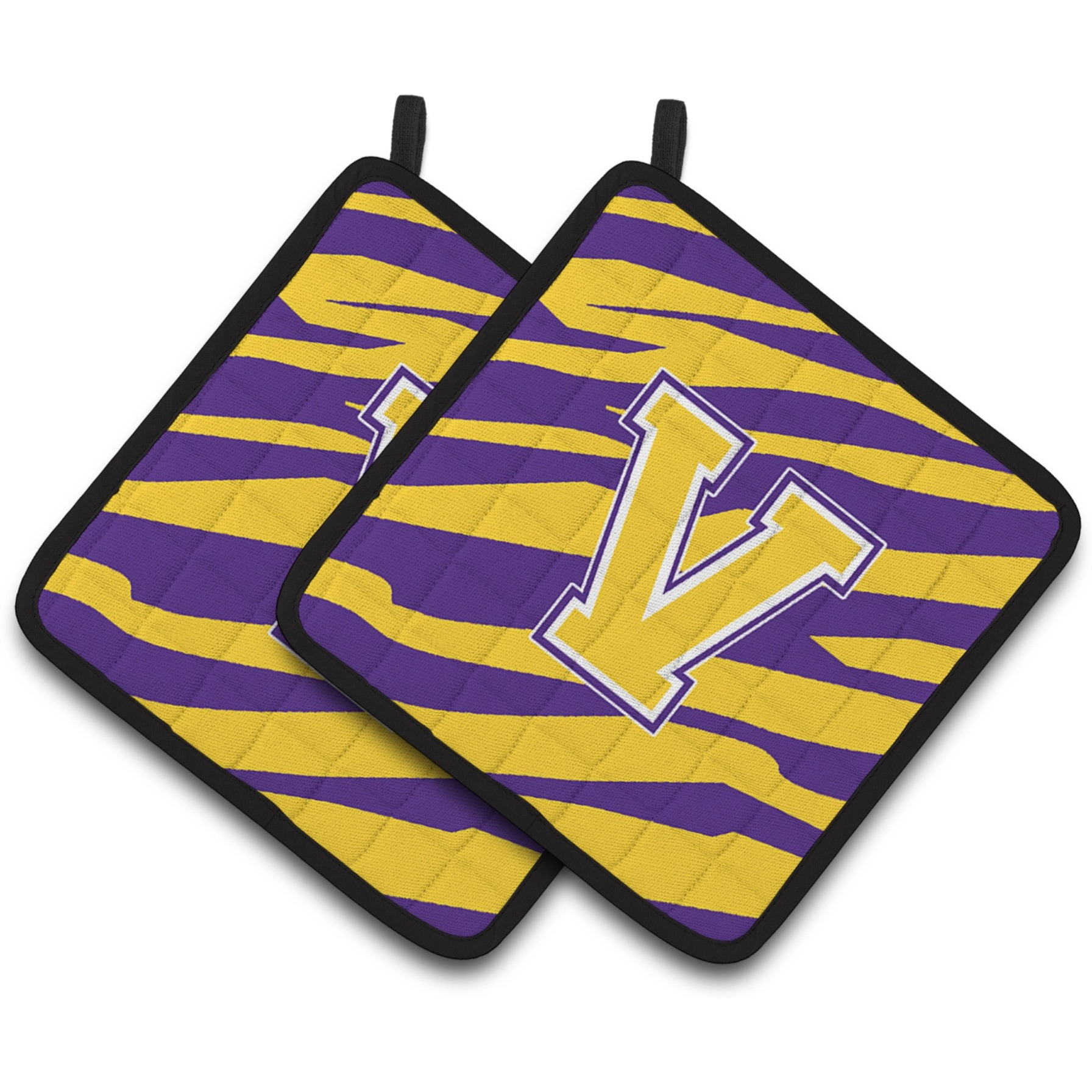 &quotCaroline's Treasures CJ1022-VPTHD Letter V Monogram with Tiger Stripes Pot Holders (1 Pair), 7.5"" x 7.5"", Purple/Gold"