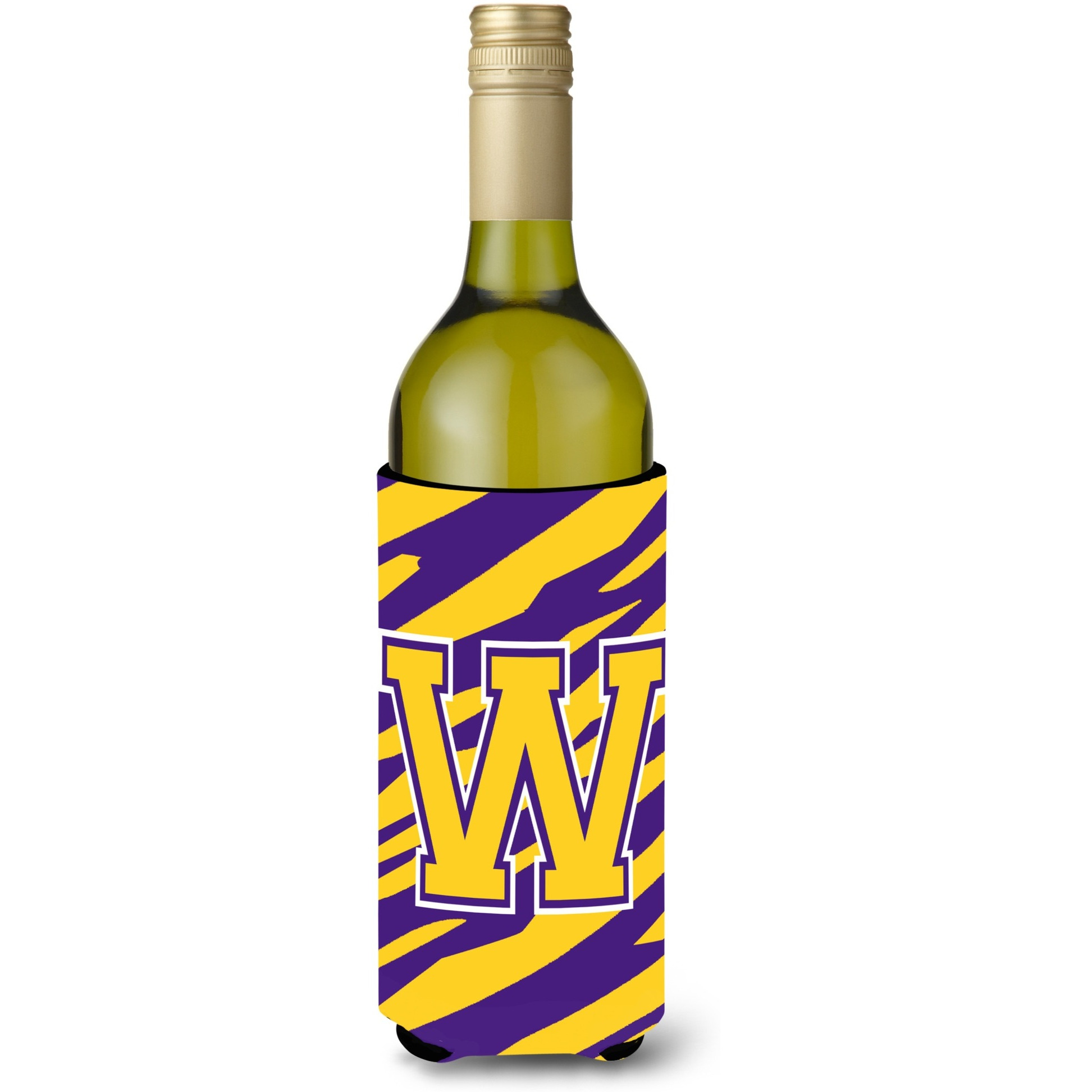 Monogram - Tiger Stripe - Purple Gold  Initial W Wine Bottle Beverage Insulator Beverage Insulator Hugger