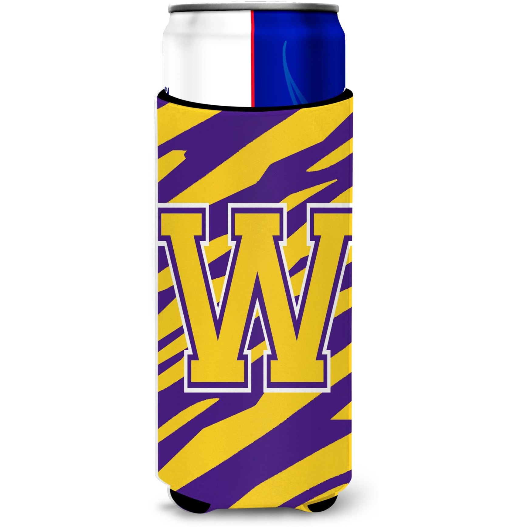 Monogram - Tiger Stripe - Purple Gold  Letter W Ultra Beverage Insulators for slim cans CJ1022-WMUK